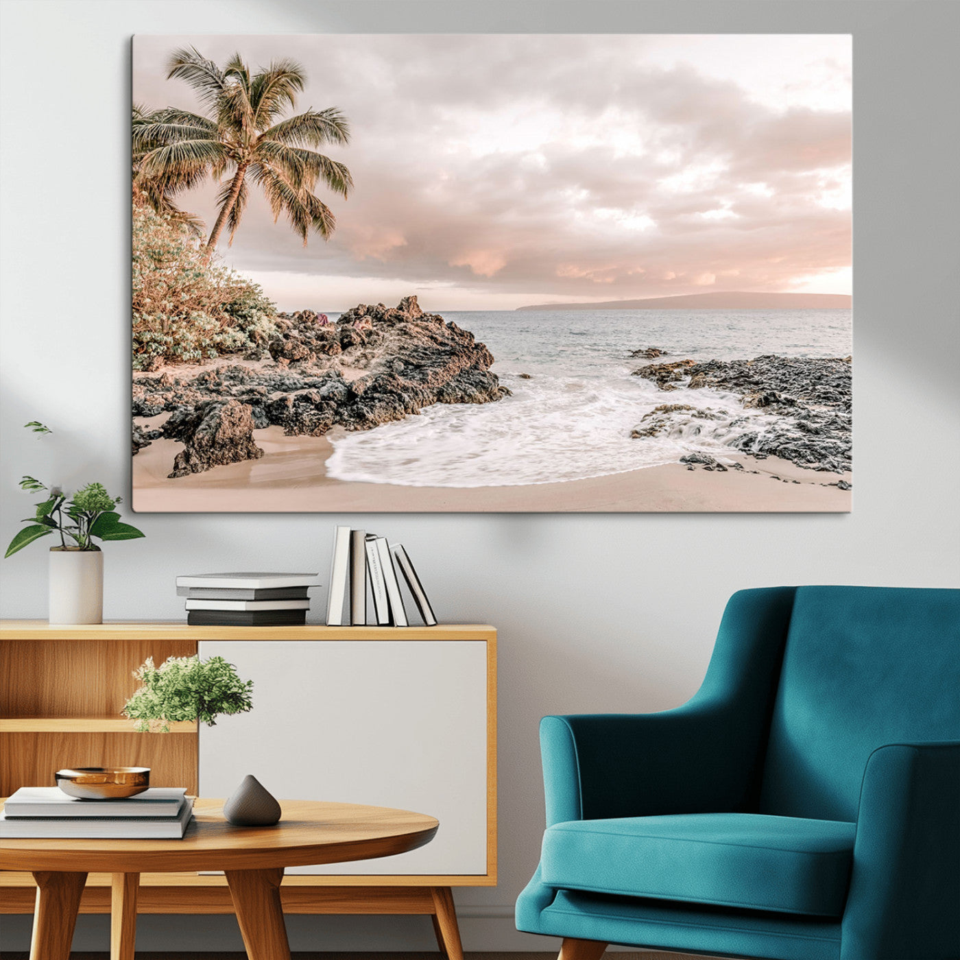 18005328-MGV-CV-36X24-Tropical Beach Wall Art Canvas Print – Palm Trees Rocky Shoreline Ocean Waves Sandy Coast Tranquil Sea Artwork for Home Office