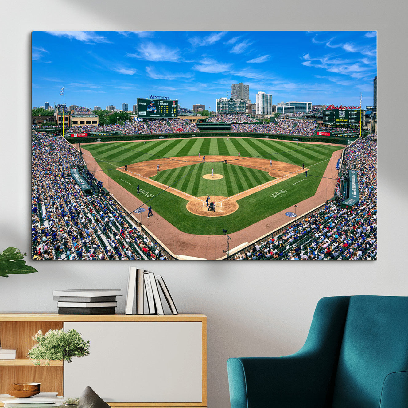 35800083-MGV-CV-36X24 - Wrigley Field Baseball Stadium Canvas Wall Art – Packed Crowd Sports Stadium City Skyline Artwork for Home Office