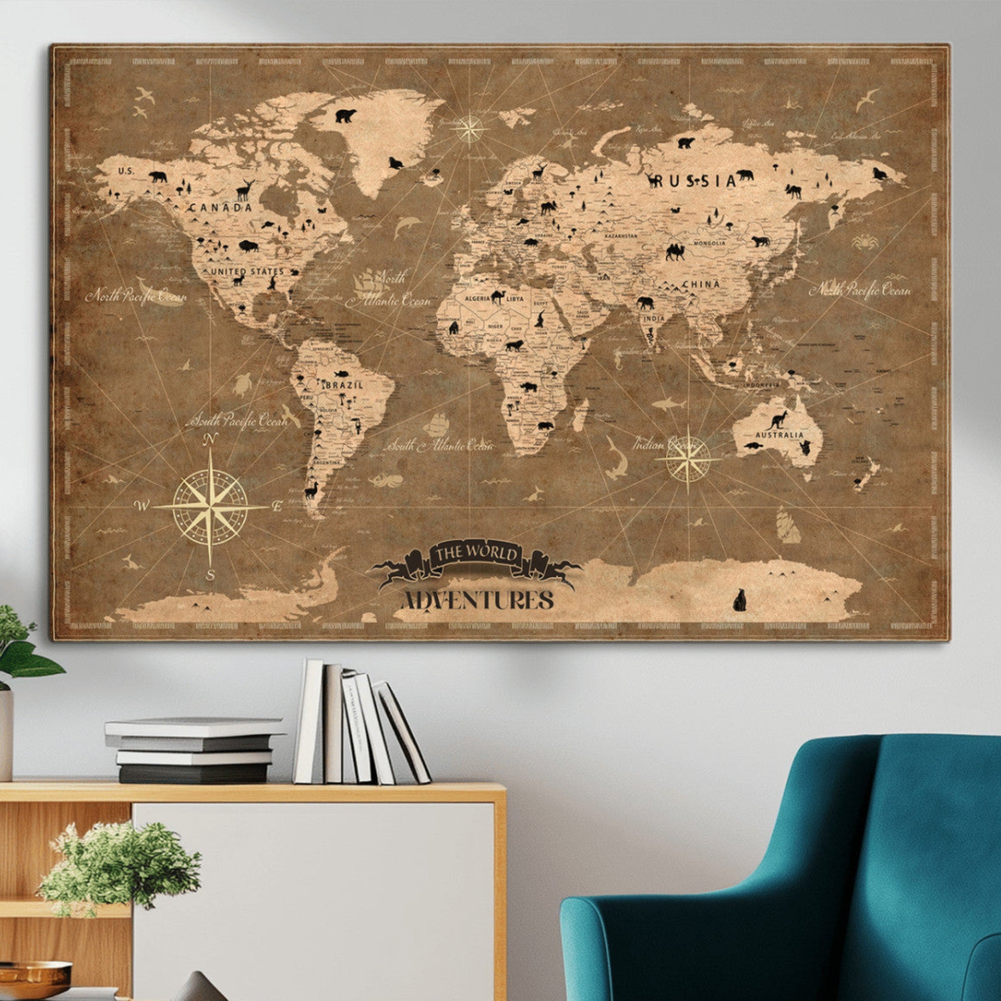 Rehber01-MGV-CV-36X24-Customize Push Pin World Map Wall Art Canvas Print – Personalized Kids Room Framed Map Travel Tracker for home, office