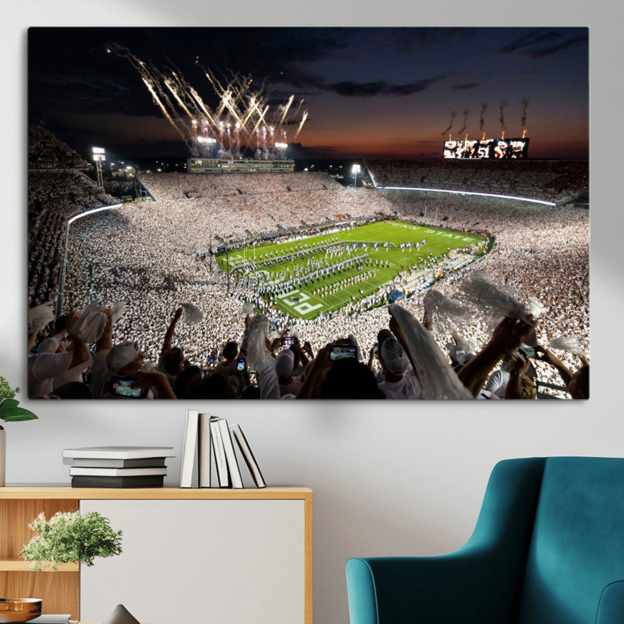 26666-MGV-CV-36X24-Penn State Stadium Wall Art – White Out Football Game Canvas Print Framed Sports Stadium Decor for Home, Office