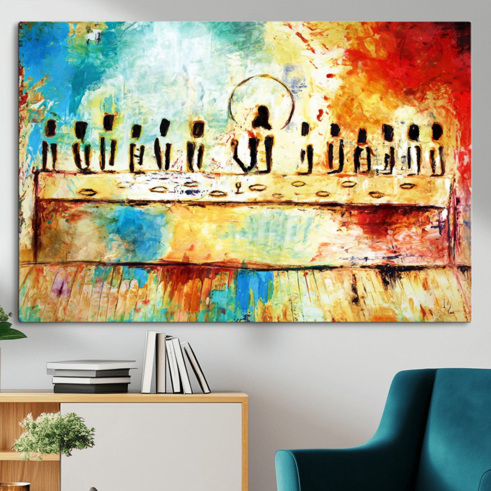 68892000-MGV-CV-36X24-Abstract Last Supper Art Print – Vibrant Contemporary Jesus and Disciples Modern Canvas Painting Artwork for Home Office