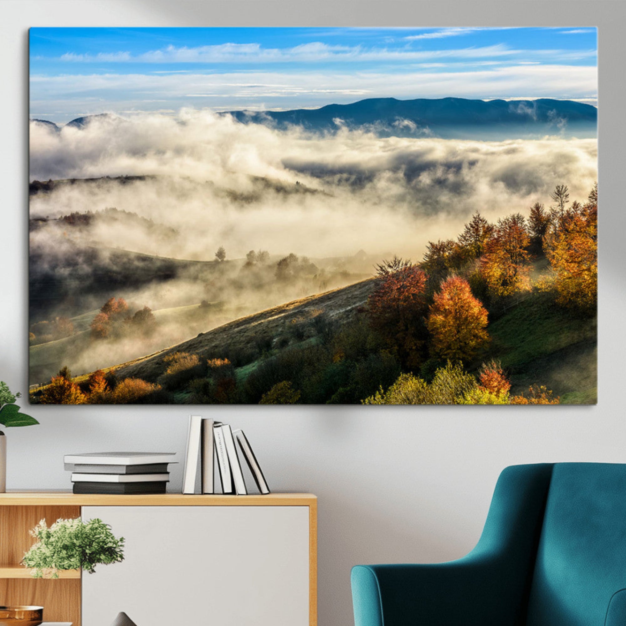 21551192-MGV-CV-36X24-Misty Autumn Hills Wall Art Canvas Print, Foggy Forest Landscape with Fall Foliage and Serene Mountain Decor for Home, Office
