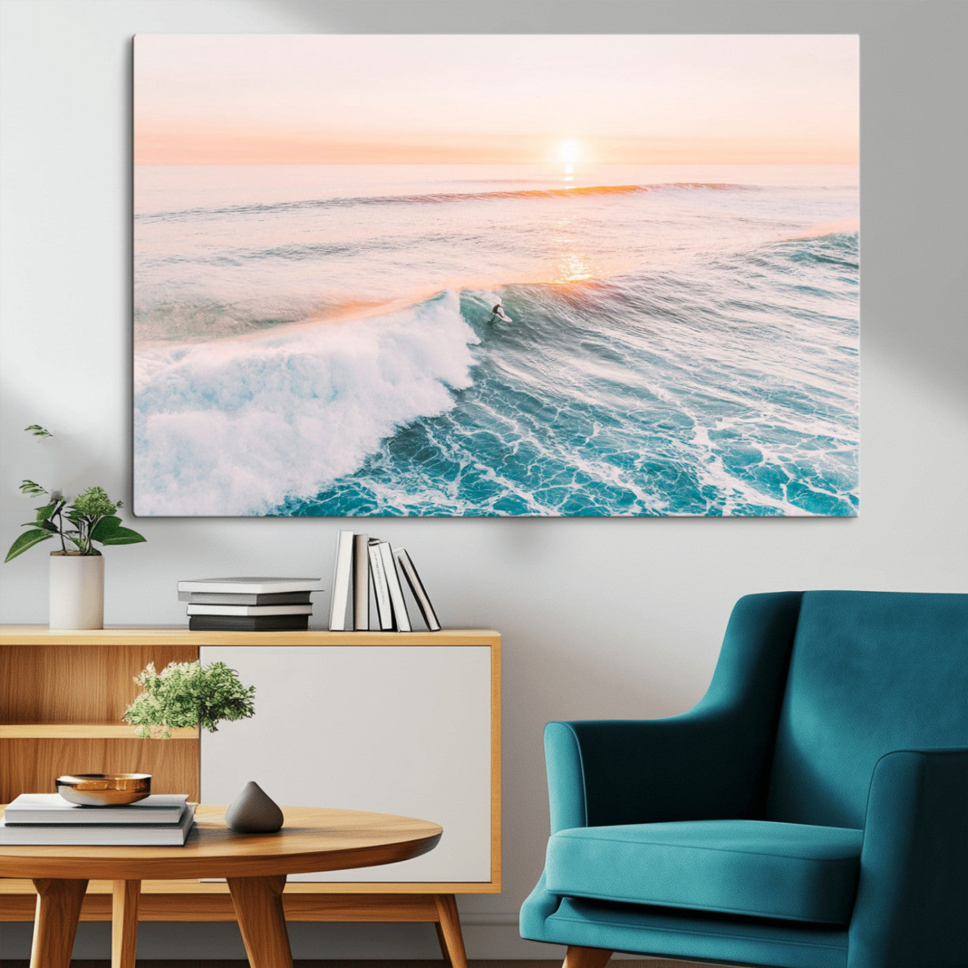 34064591-MGV-CV-36X24-Sunset Surfing Wall Art Canvas Print, Ocean Wave Surfer with Golden Sky Artwork for Home, Office, Living Room