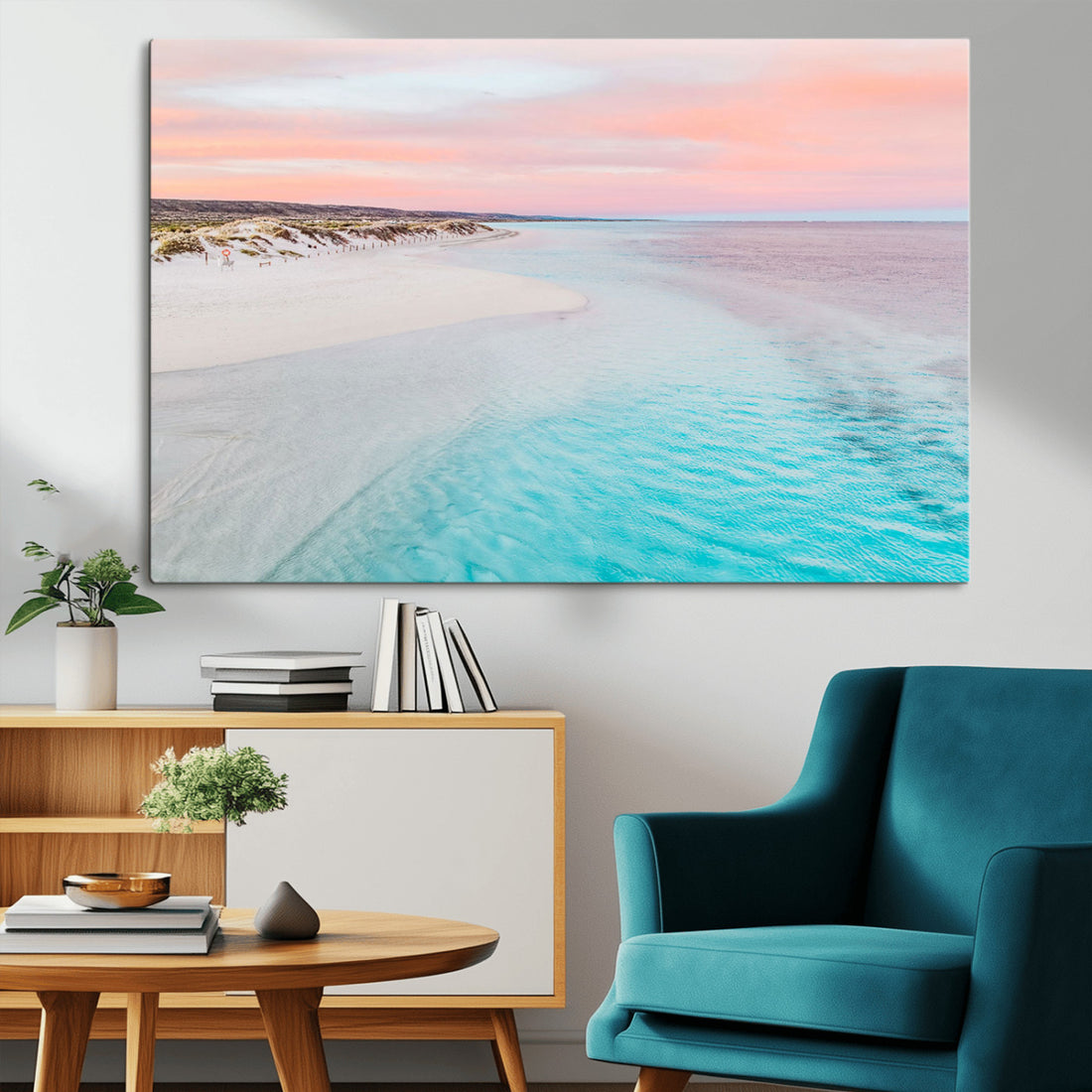 Serene Pastel Beach Wall Art Canvas Print, Tranquil Coastal Sunset with Soft Ocean Hues