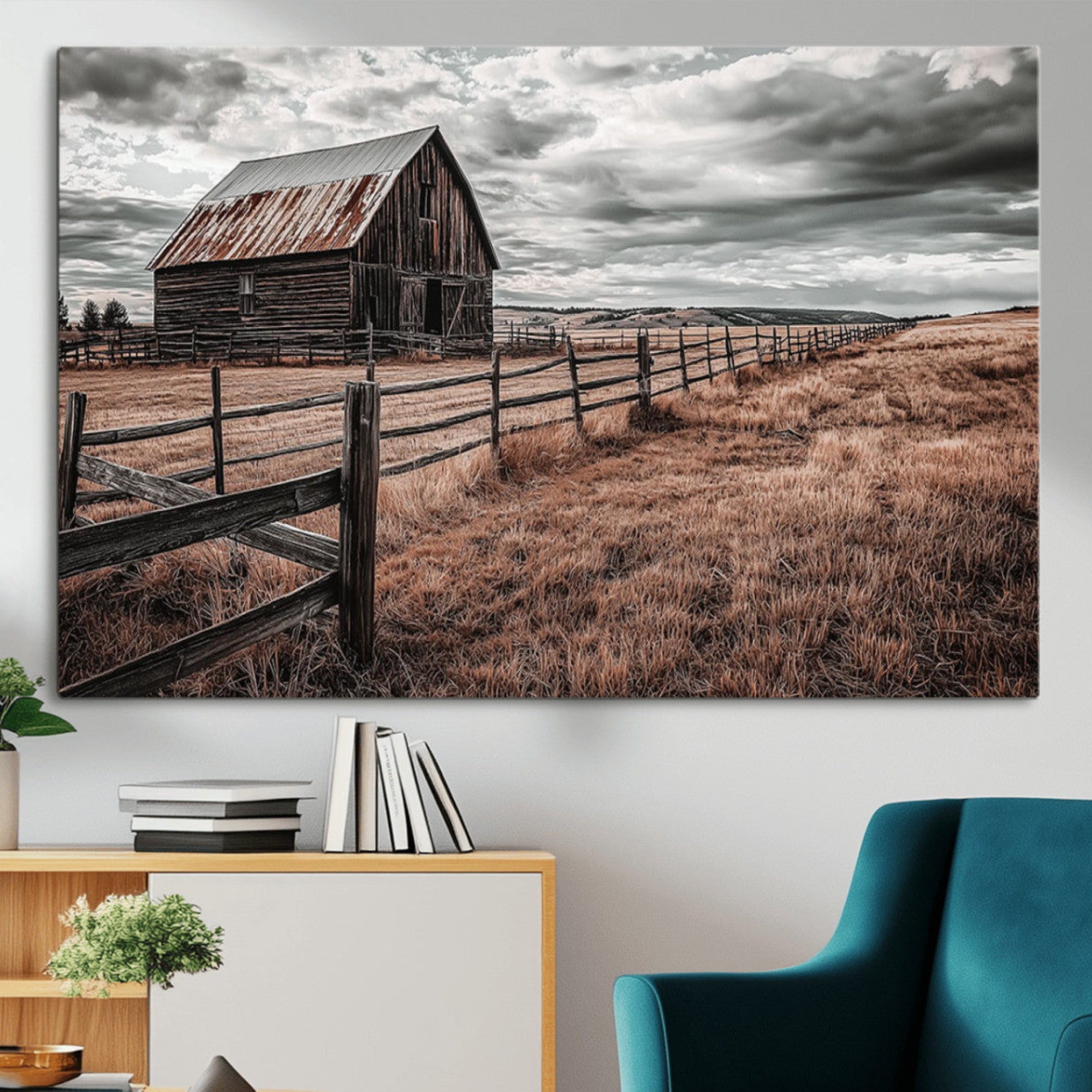 70676381-MGV-CV-36X24-Rustic Weathered Barn Wall Art Canvas Print, Sepia Countryside Landscape Artwork for Home, Office, Living Room
