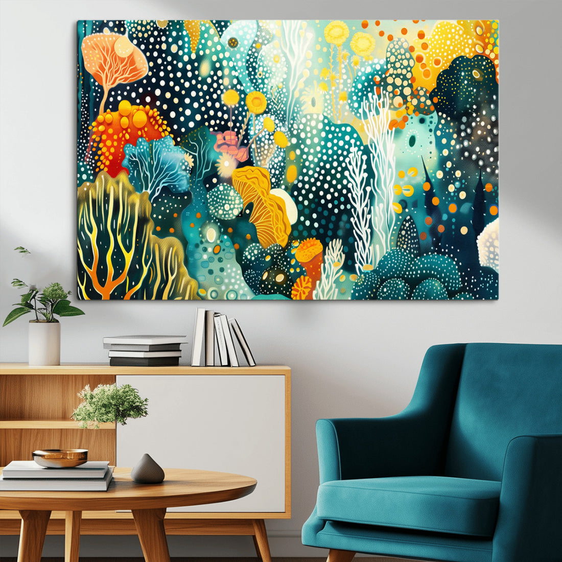 Luminous Abstract Ocean Garden Wall Art Canvas Print, Vibrant Coral Reef Marine Life