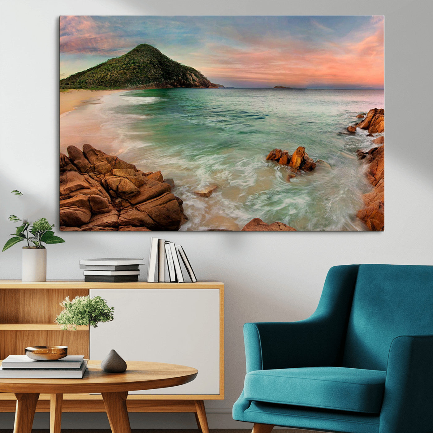 53831025-MGV-CV-36X24-Stunning Coastal Landscape with Rocky Shore and Green Hills at Sunset – Beautiful Ocean View Wall Art Canvas Print for Serene Home Decor.