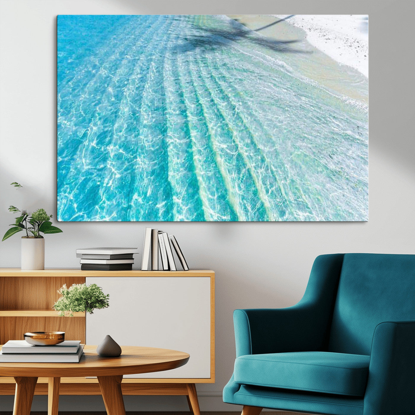17528159-MGV-CV-36X24-Crystal Clear Shallow Ocean Water with Sunlight Reflections and Palm Tree Shadow on Sandy Beach – Beautiful Wall Art Canvas Print for Coastal Decor