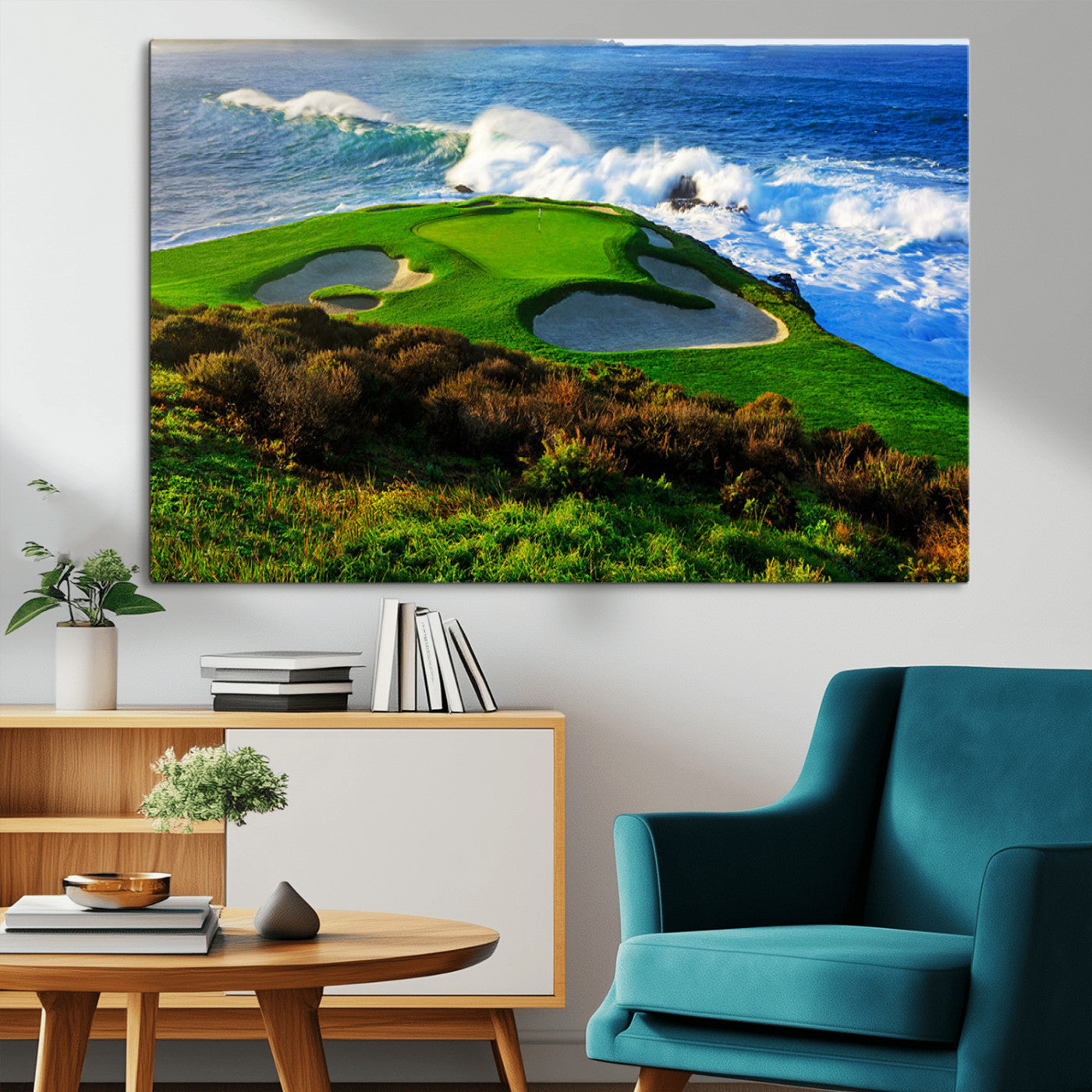 34181847-MGV-CV-36X24-Coastal Golf Course Wall Art Canvas Print – Vibrant Green with Sand Bunkers Overlooking Ocean Waves Artwork for Home, Office