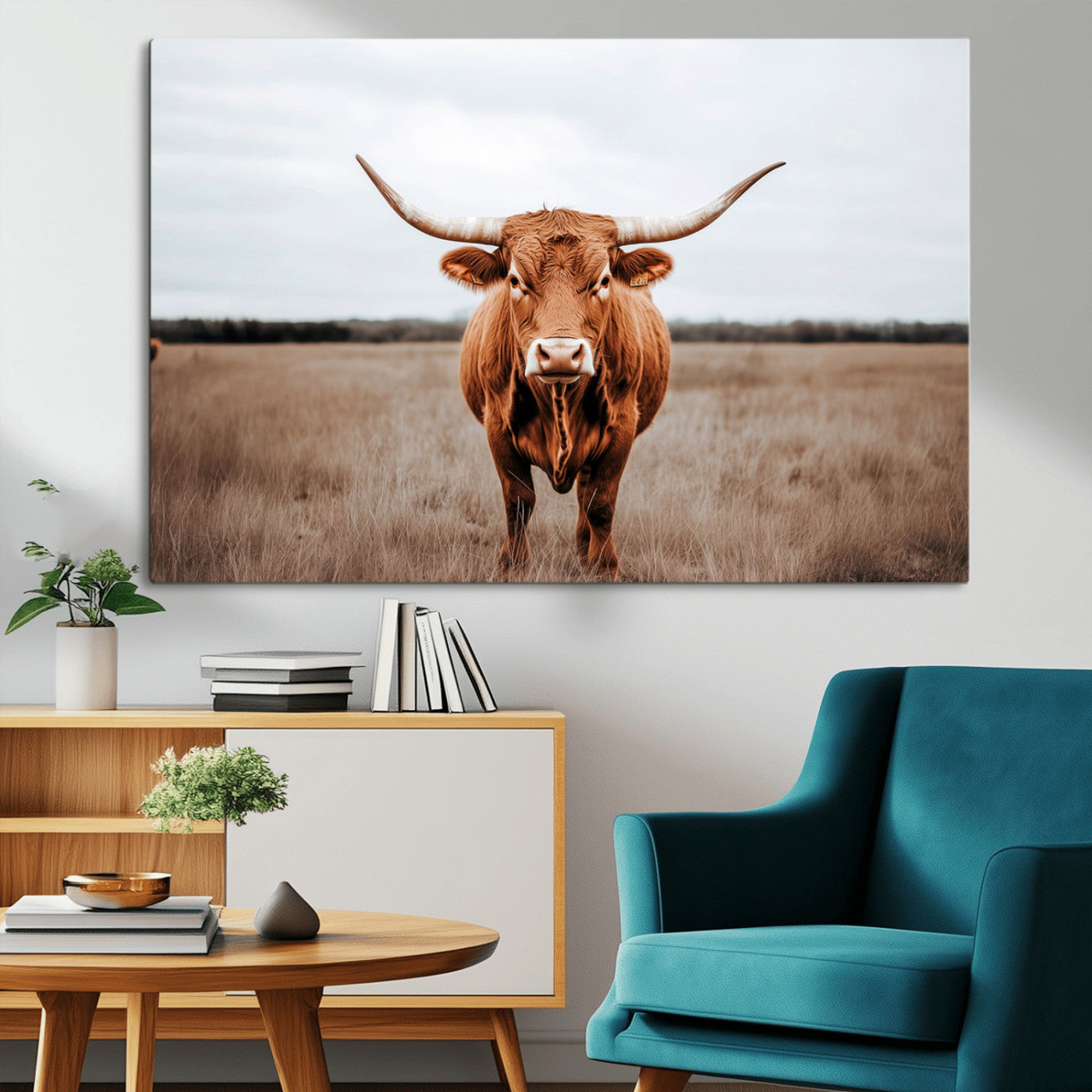-Longhorn Bull Wall Art Canvas Print – Framed Rustic Countryside Scene Art Picture Natural Beauty Artwork for Home, Office