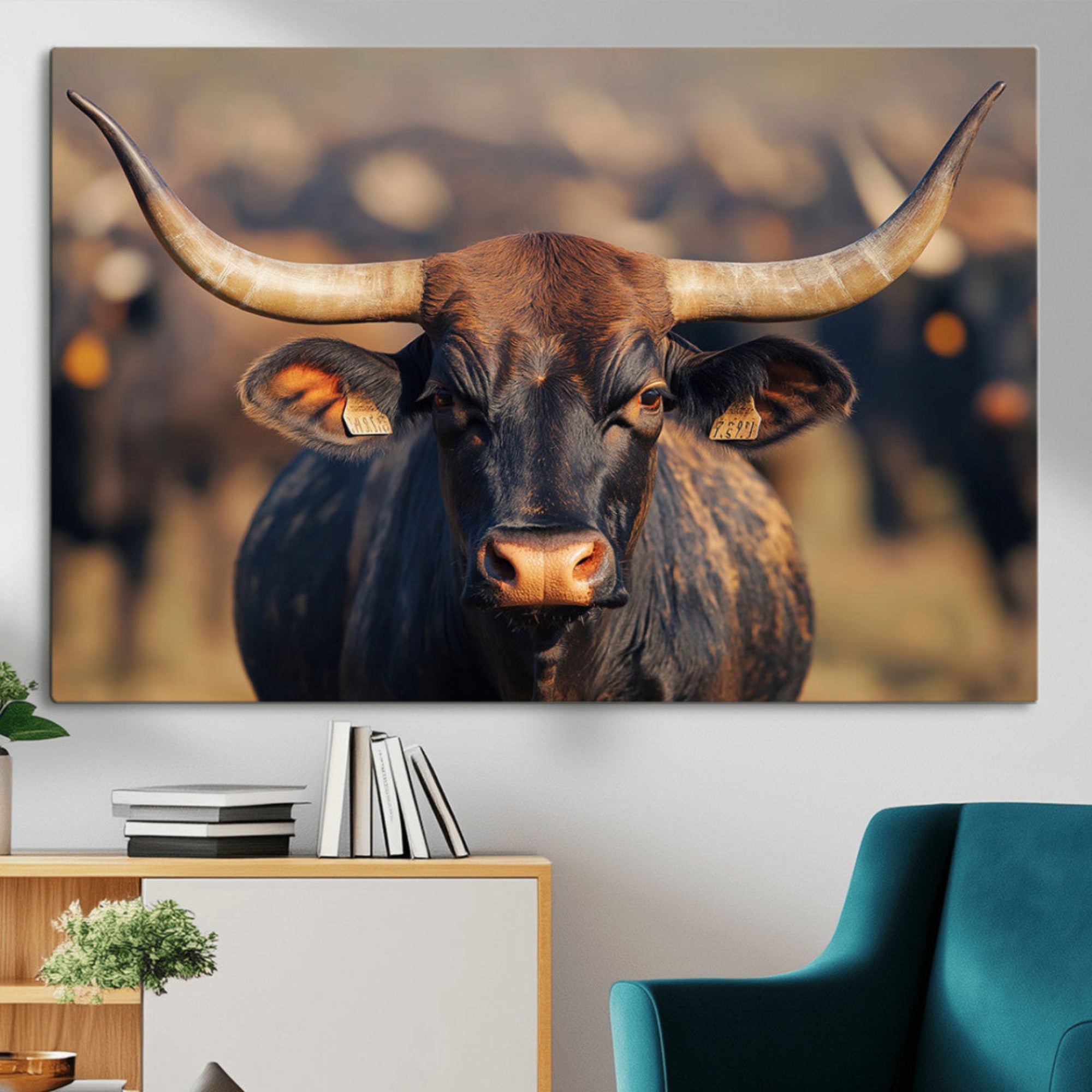 35515971-MGV-CV-36X24-Majestic bull head close-up, long curved horns, detailed fur texture, warm sunlight, focused gaze, Wall Art Canvas Print