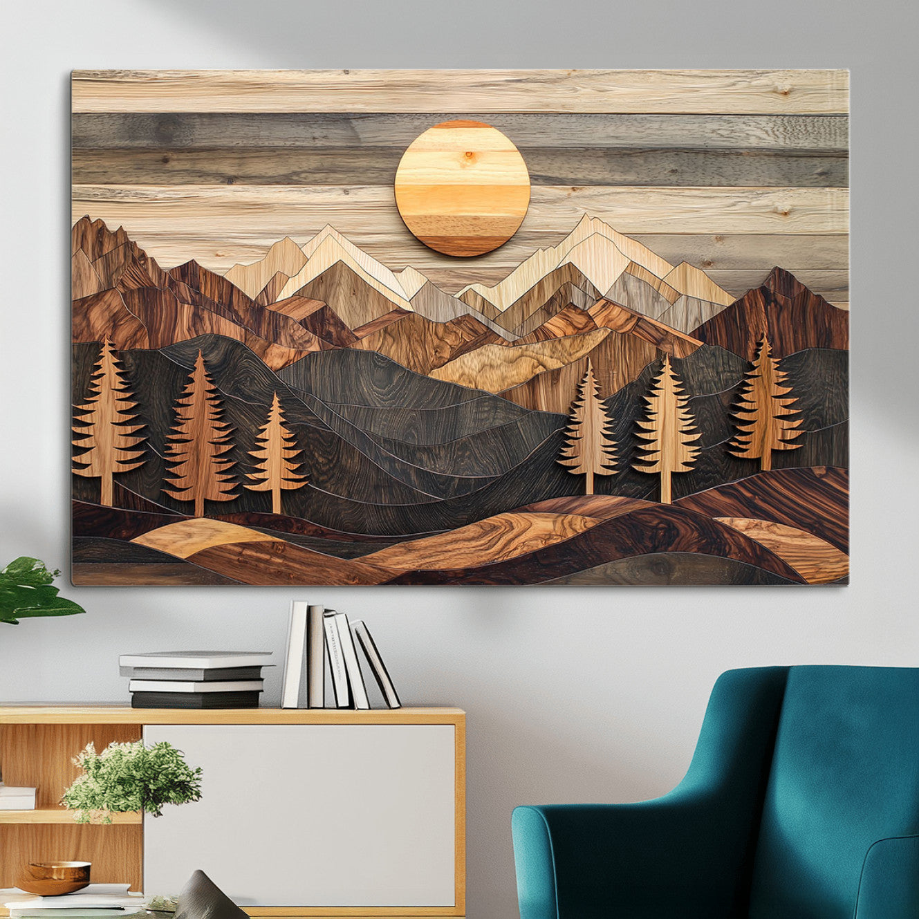 19832326-MGV-CV-36X24 - Wooden Mountain Landscape Layered Texture Geometric Shapes Sun Pine Trees Rustic Natural Tones Art