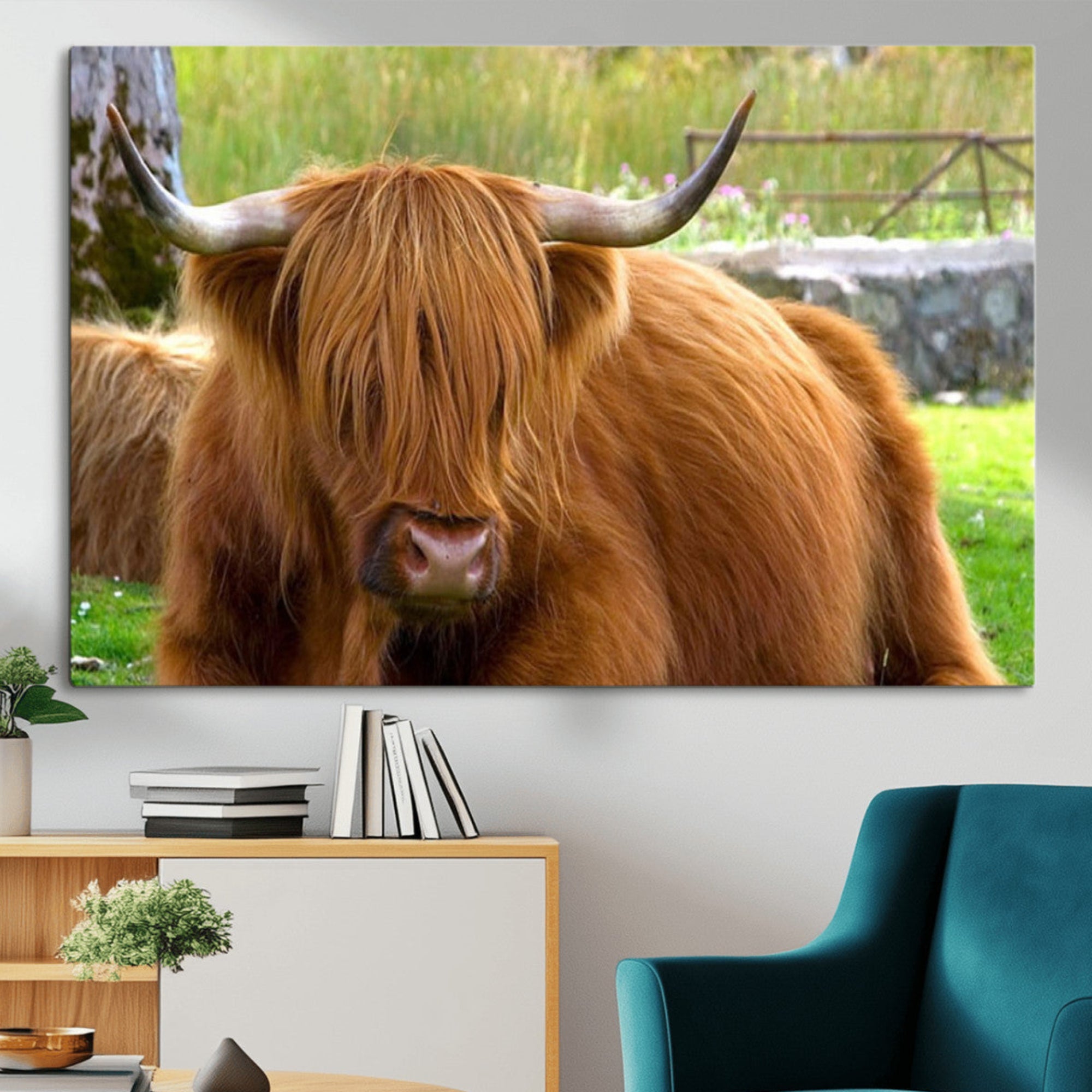 68411138-MGV-CV-36X24-Highland Cow Long Hair Rustic Farm Animal Horns Green Pasture Natural Beauty Outdoor Wall Art Canvas Print