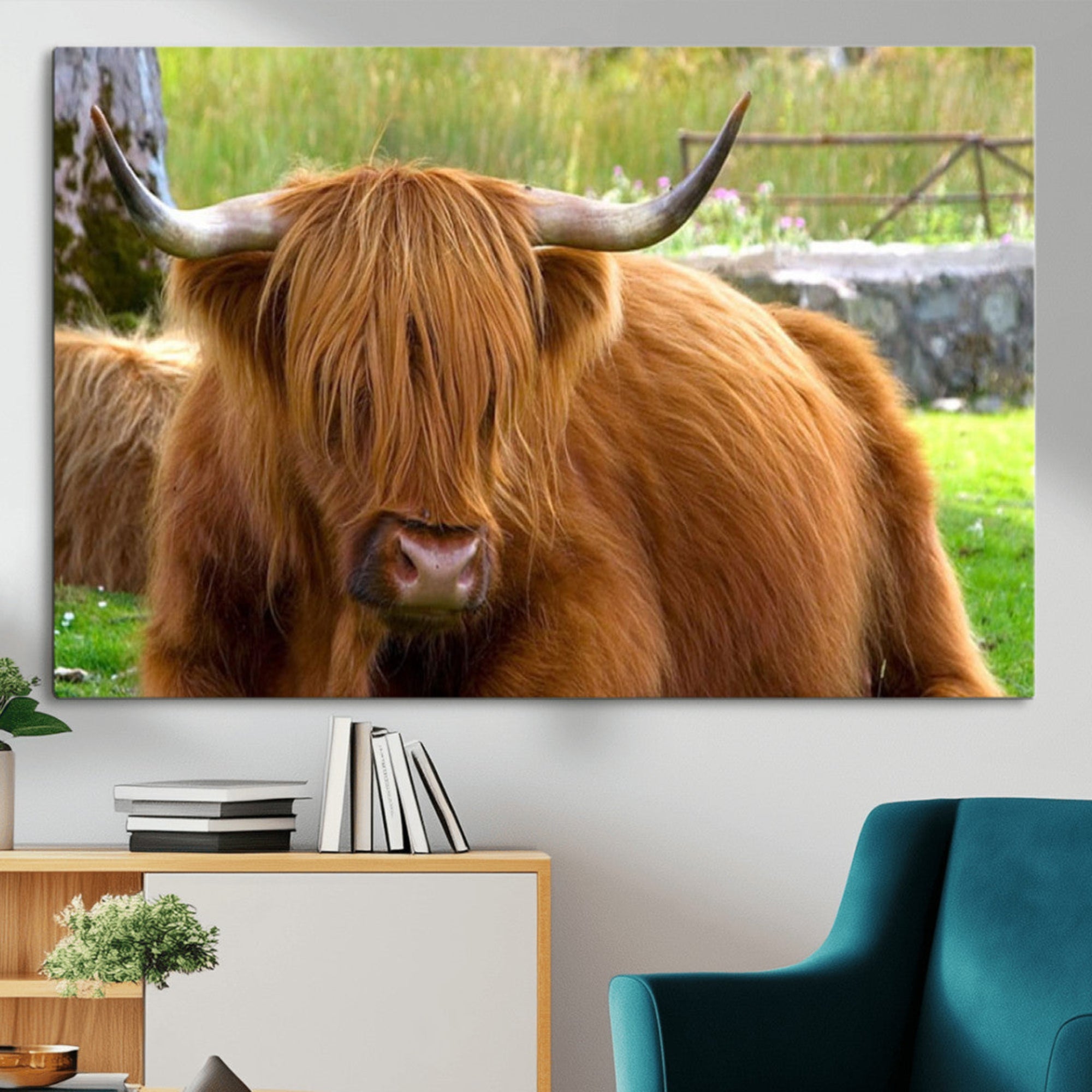 68411138-MGV-CV-36X24-Highland Cow Long Hair Rustic Farm Animal Horns Green Pasture Natural Beauty Outdoor Wall Art Canvas