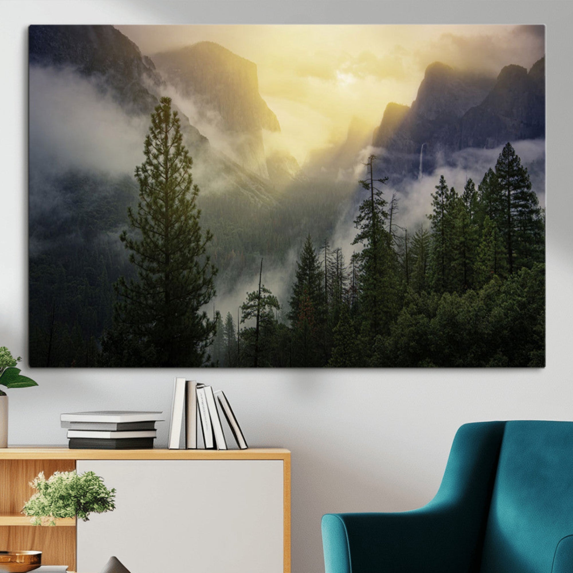 38316884-MGV-CV-36X24-Misty Forest Sunrise Mountain Valley Pine Trees Foggy Landscape Nature Scenic Outdoors Calm Tranquil