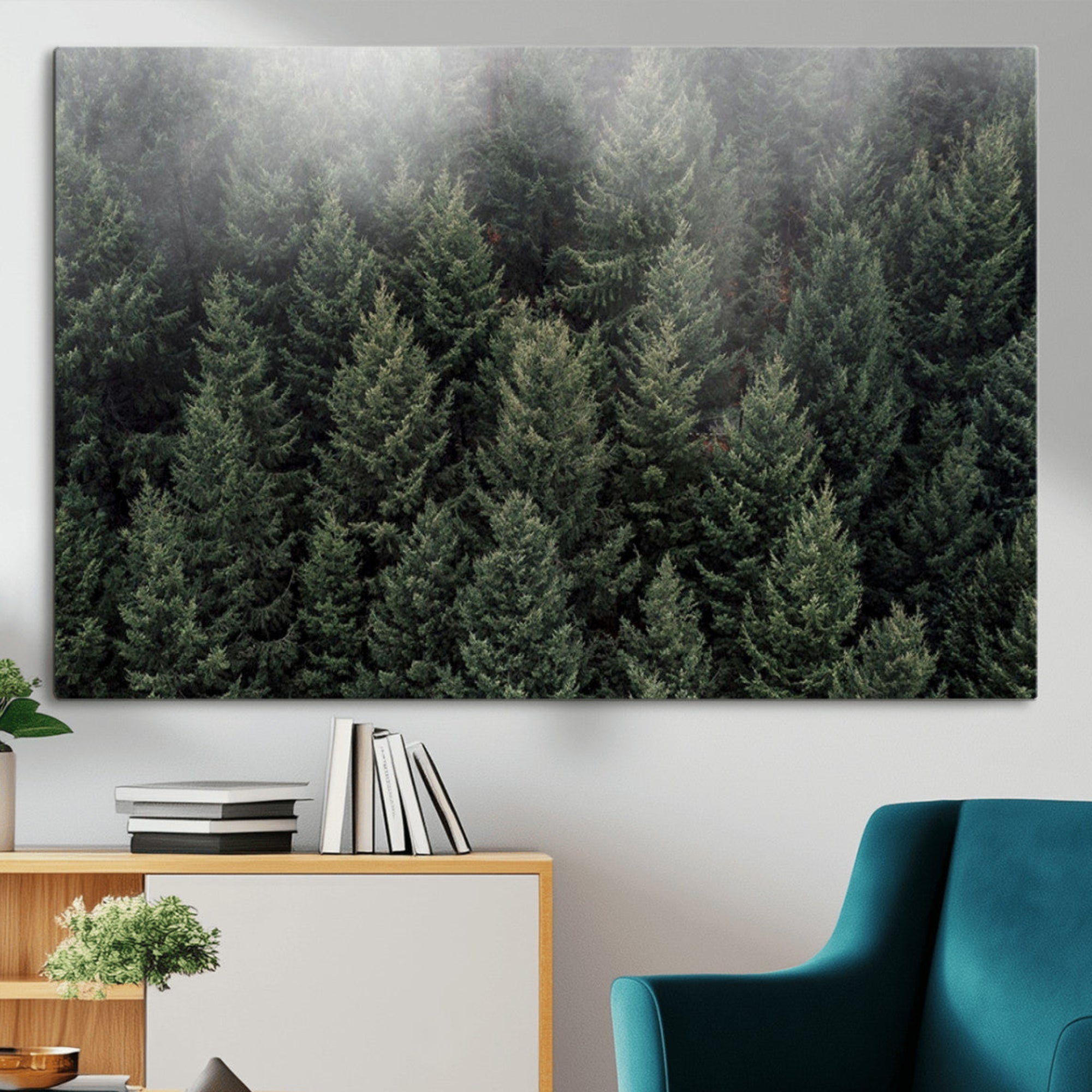 84059409-MGV-CV-36X24-Dense Evergreen Forest Misty Morning Fog Pine Trees Woodland Nature Landscape Calm Peaceful Scenic Wall Art Canvas Print