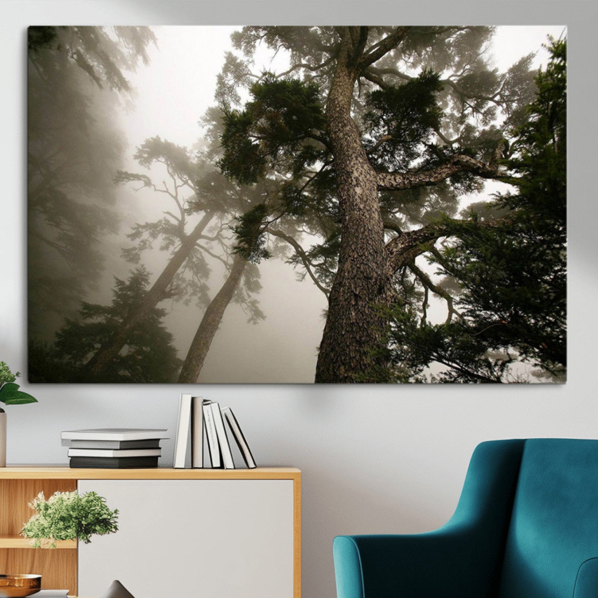 87969493-MGV-CV-36X24-Misty Forest Wall Art Canvas Print, Tall Trees and Foggy Atmosphere Creating Calm Wooded Landscape Decor for Home, Office