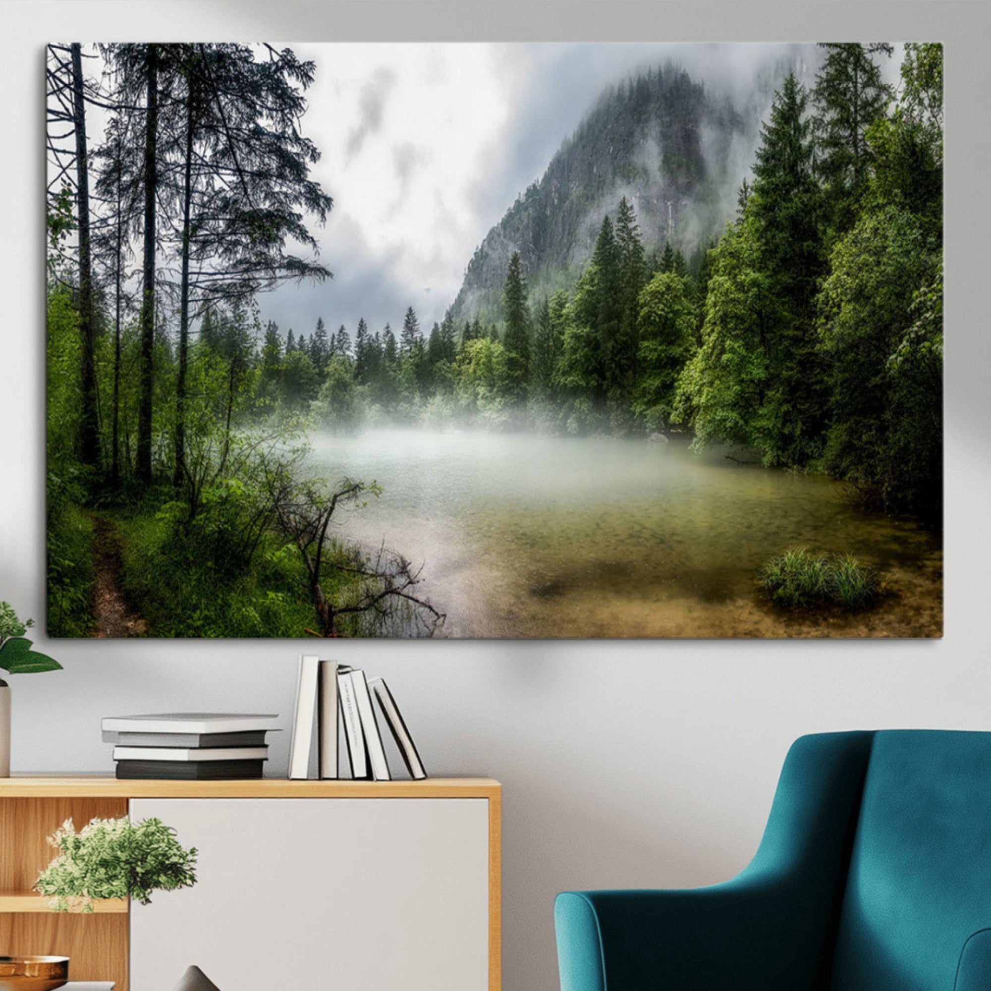 93123937-MGV-CV-36X24-Misty Lake Forest Green Trees Calm Water Reflection Mountain Fog Nature Landscape Outdoor Scenic