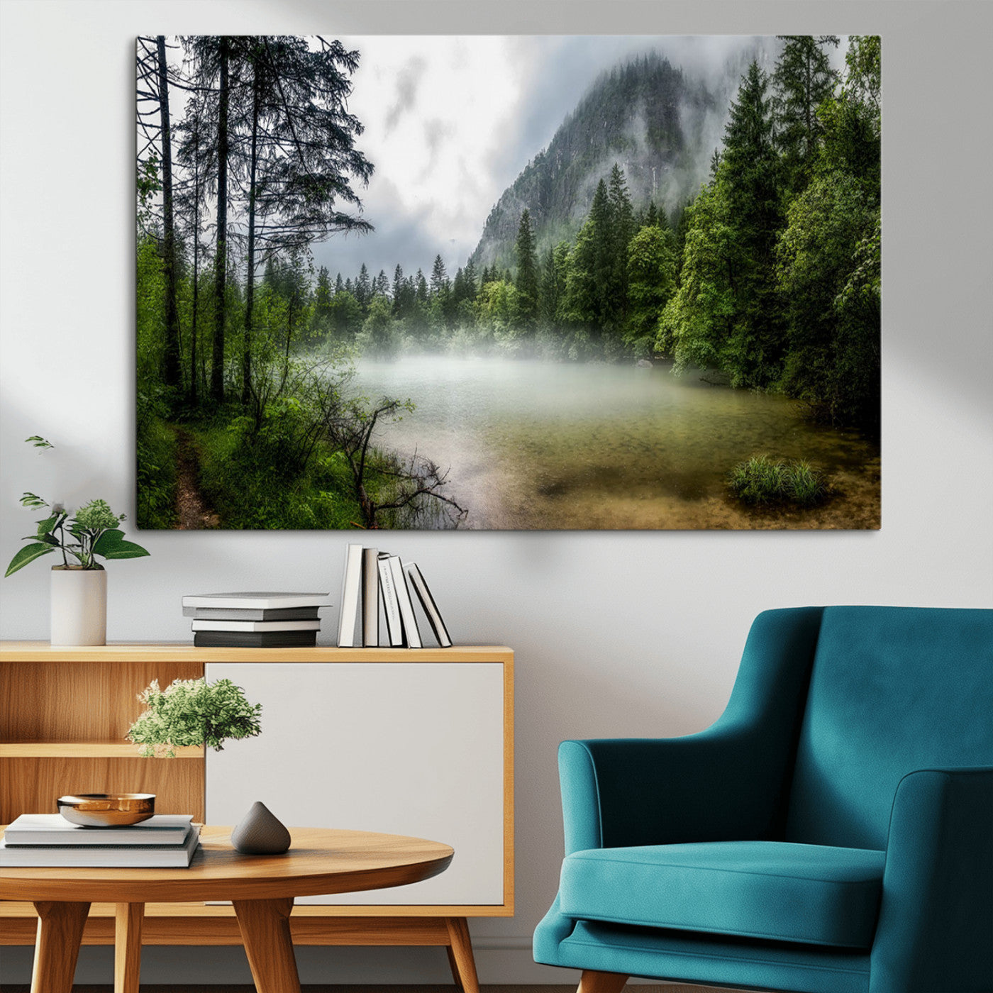 93123937-MGV-CV-36X24-Misty Lake Forest Green Trees Calm Water Reflection Mountain Fog Nature Landscape Outdoor Scenic Beauty Wall Art Canvas Print