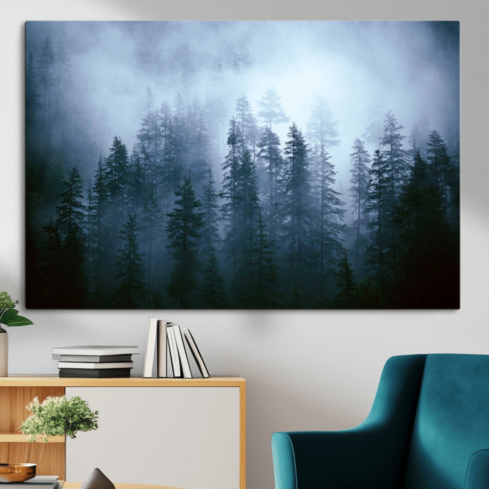 93439624-MGV-CV-36X24-Foggy Evergreen Pines Wall Art Canvas Print, Mist Forest and Blue Haze Wilderness Scenic Nature Decor for Home, Office