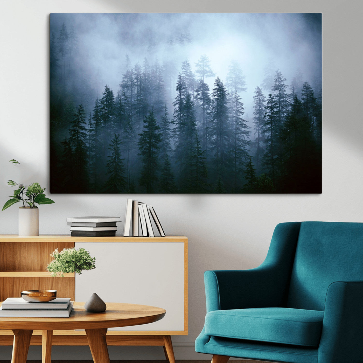 93439624-MGV-CV-36X24-Foggy Evergreen Pines Mist Forest Blue Haze Moody Atmospheric Wilderness Nature Trees Scenic