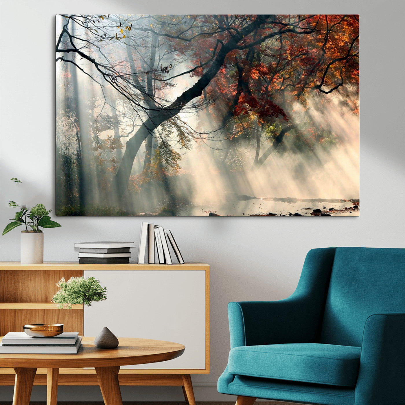 36043878-MGV-CV-36X24-Sunlit Autumn Forest Wall Art Canvas Print – Framed Mist Trees Scene with Peaceful Rays Artwork for Home, Office