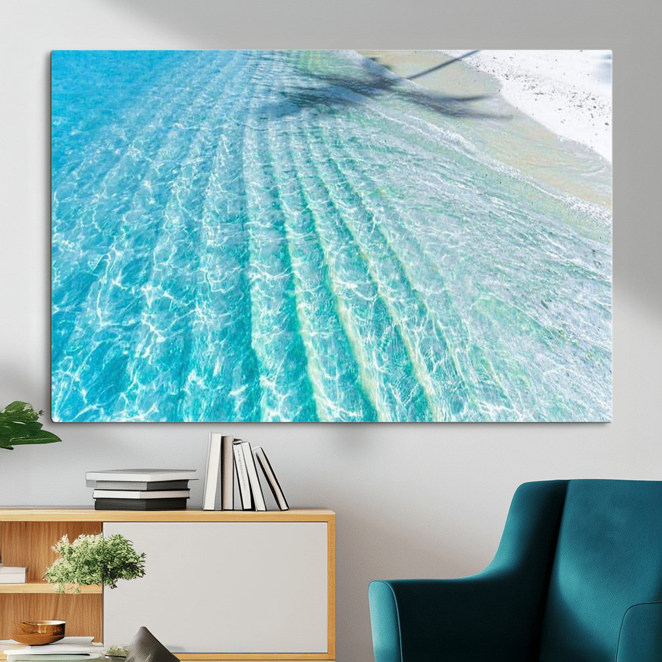 46233906-MGV-CV-36X24 - Serene Clear Blue Ocean Water Canvas Wall Art – Soft White Sand Shore Coastal Print for Home Decor, Relaxation, and Tranquil Vibes