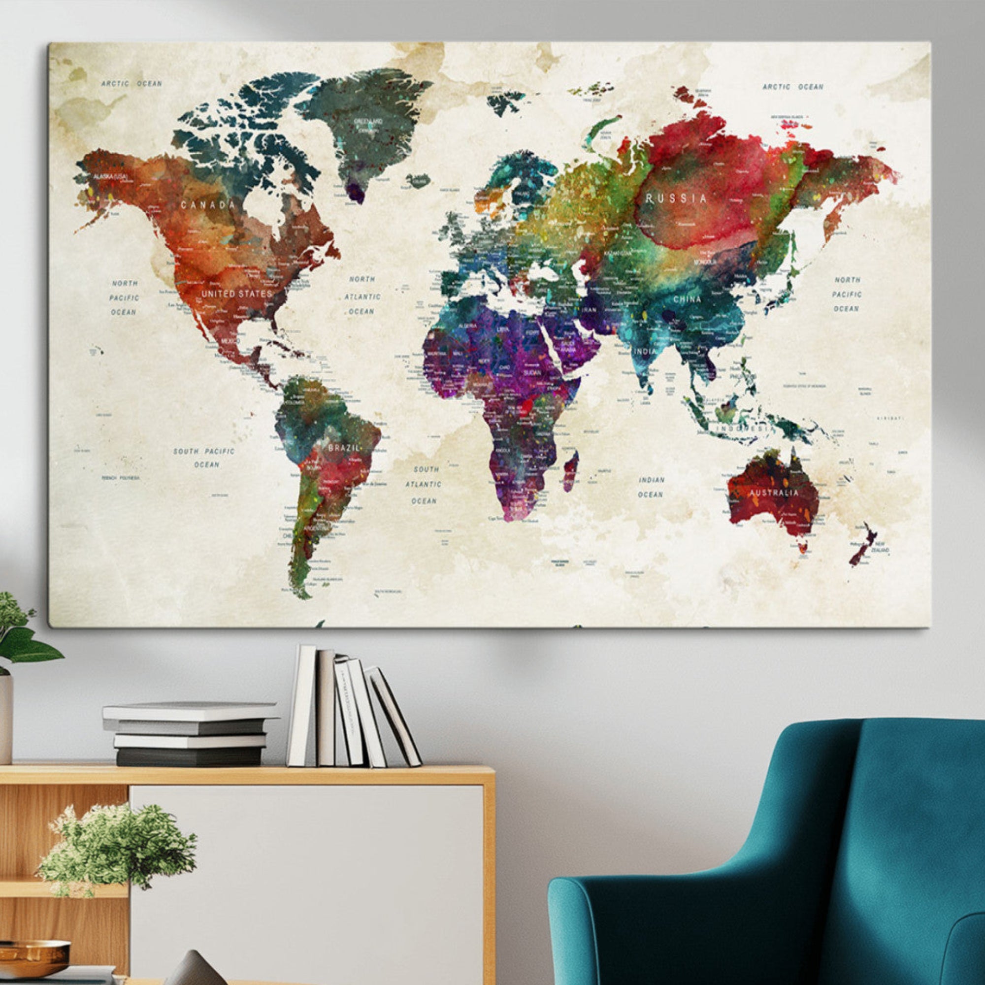 27689508-MGV-CV-36X24-Vibrant Watercolor World Map Wall Art Canvas Print – Stunning Multicolor Globe Decor for Home or Office
