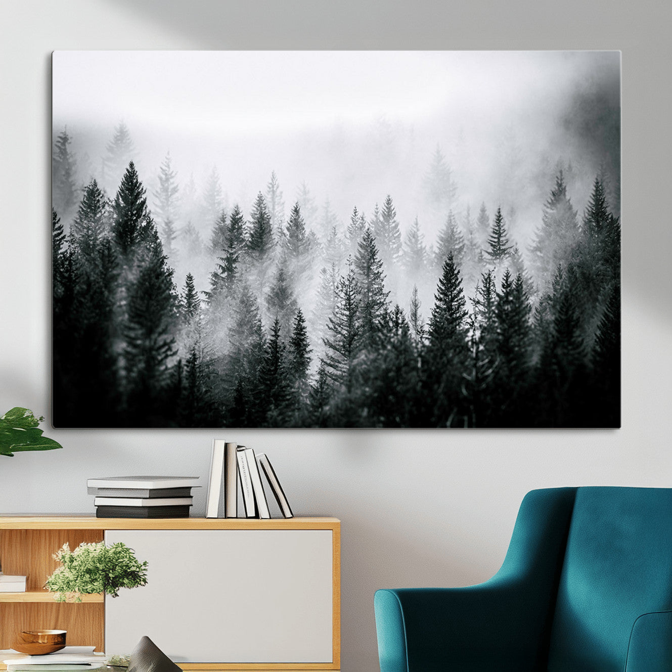 MGV-CV-36X24 - Foggy Pine Forest Canvas Wall Art – Black and White Nature Landscape Print, Horizontal Canvas for
