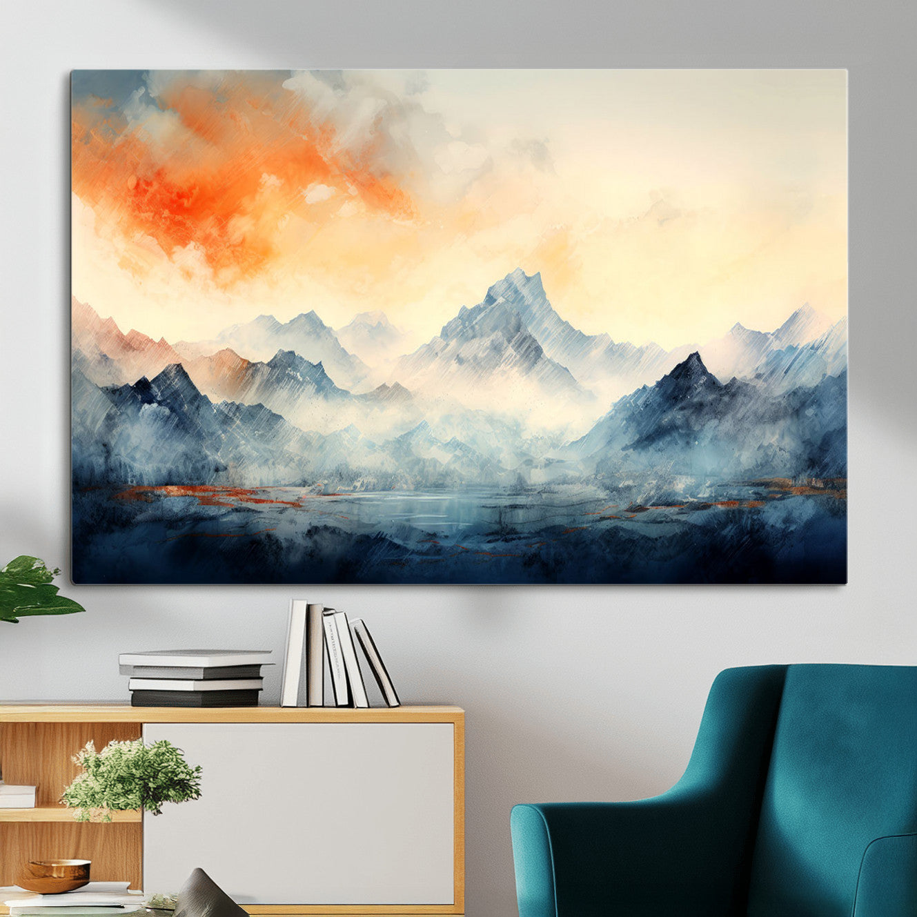 WRM1005-MGV-CV-36X24 - Warm Clouds Abstract Mountain Wall Art, Modern Landscape Canvas Print, Minimal Framed Artwork for Home, Office