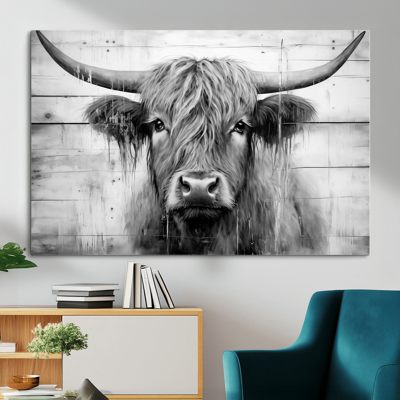1001HASAN27-MGV-CV-36X24 - Black White Highland Cow Wall Art Canvas Print