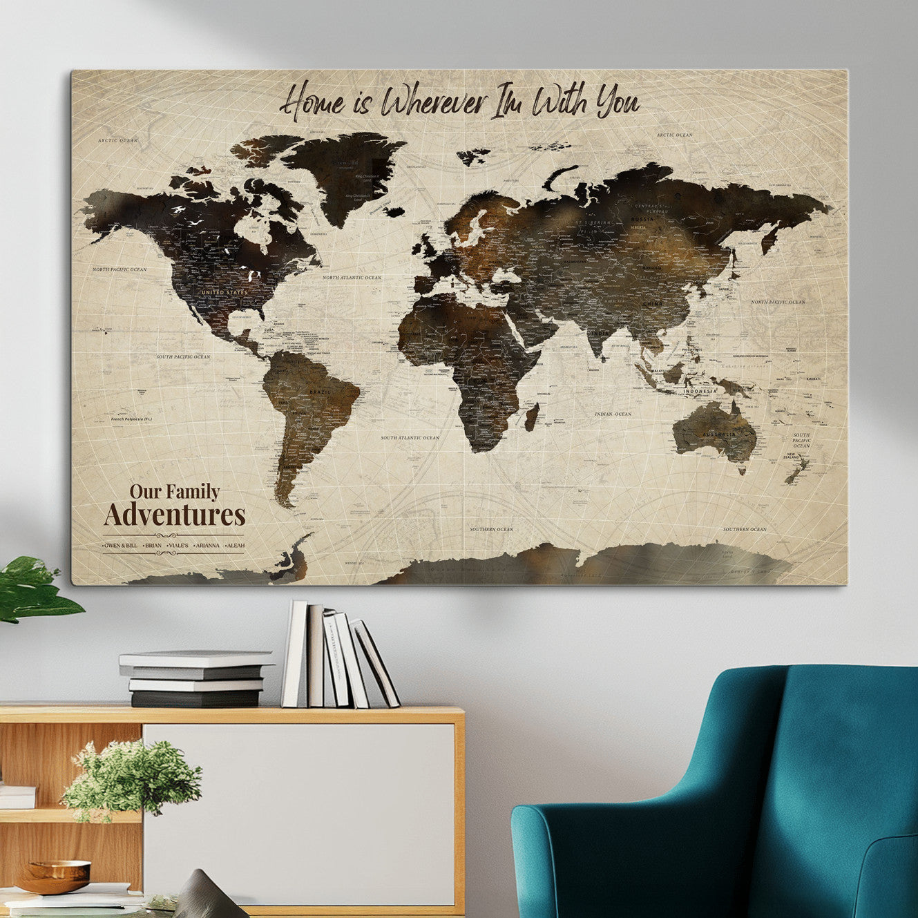 57979837-MGV-CV-36X24 - Personalized Push Pin World Map Canvas Print – Custom Framed Travel Tracker Wall Art Large Map Artwork for Home, Office