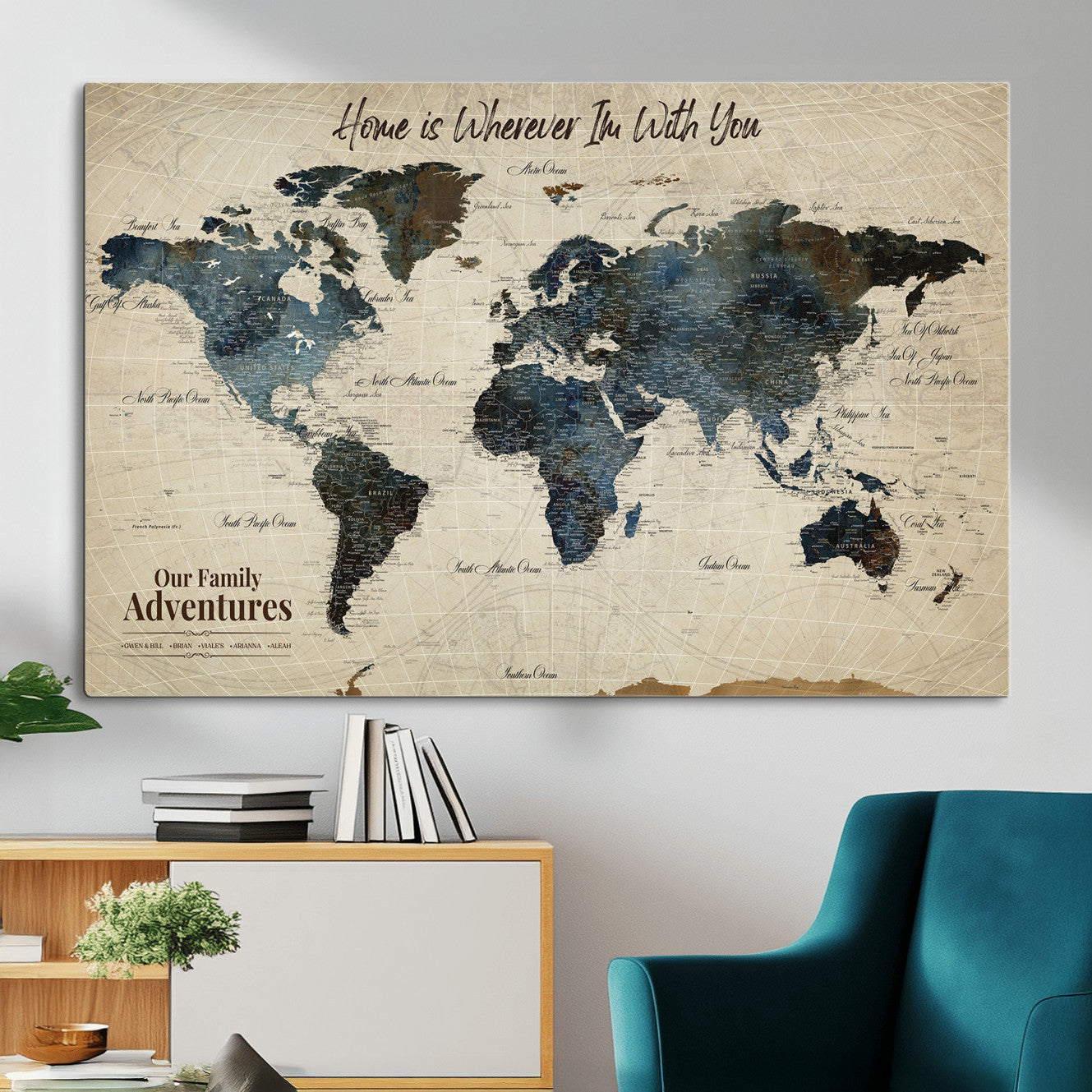 71188227-MGV-CV-36X24 - Personalized World Map Wall Art Canvas Print – Custom Push Pin Travel Map for Couples, Families, or Office Decor