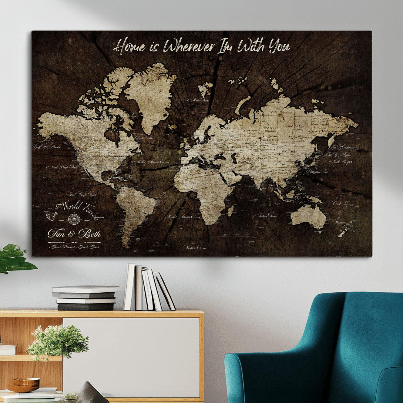 73781397-MGV-CV-36X24 - Personalized World Map Wall Art Canvas Print – Custom Push Pin Travel Map for Couples, Families, or Office Decor