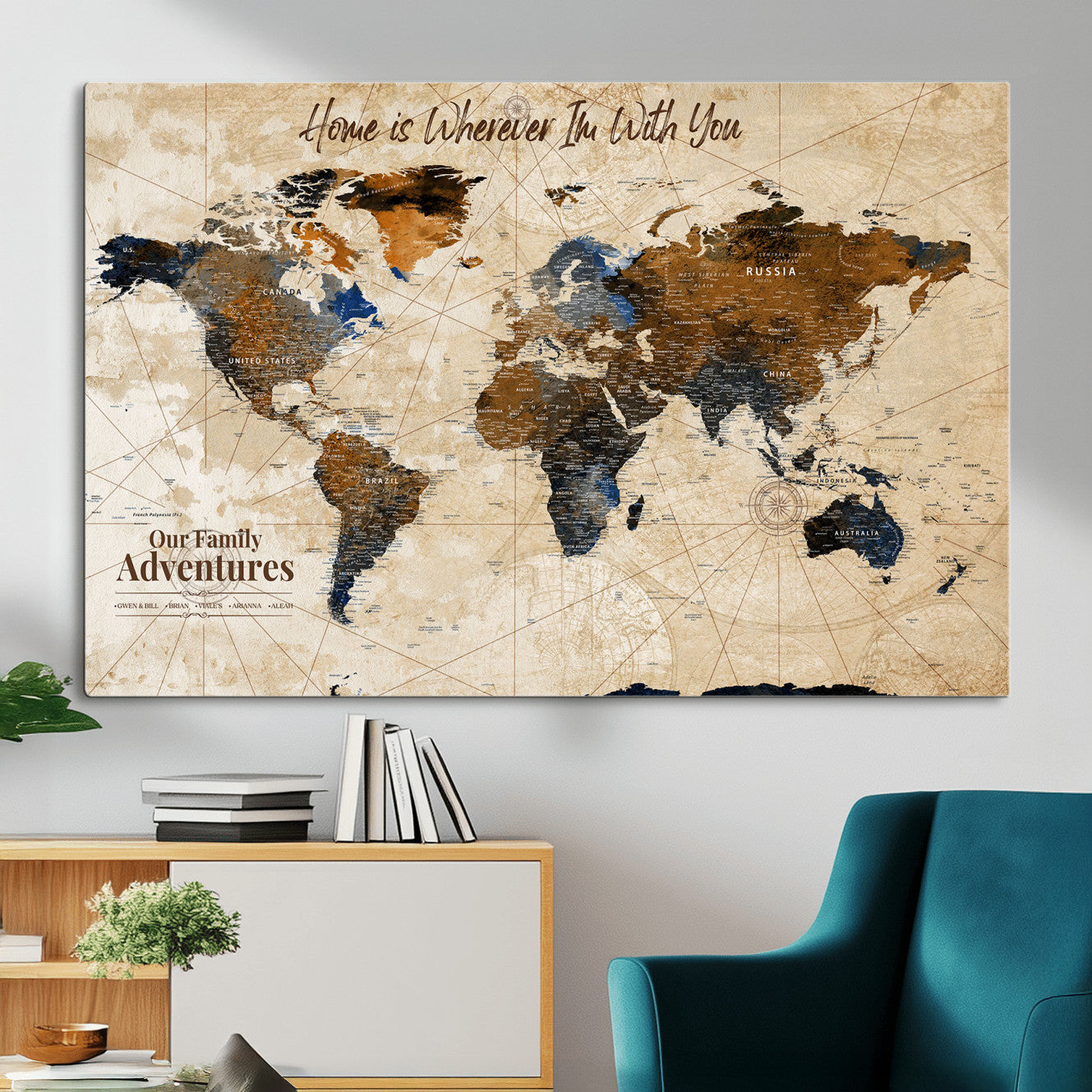 37709027-MGV-CV-36X24 - Customized Push Pin World Map Wall Art Canvas Print with Pins, Vintage Personalized Travel Tracker Map, Framed World Map for Living Room, Office and Home Decor