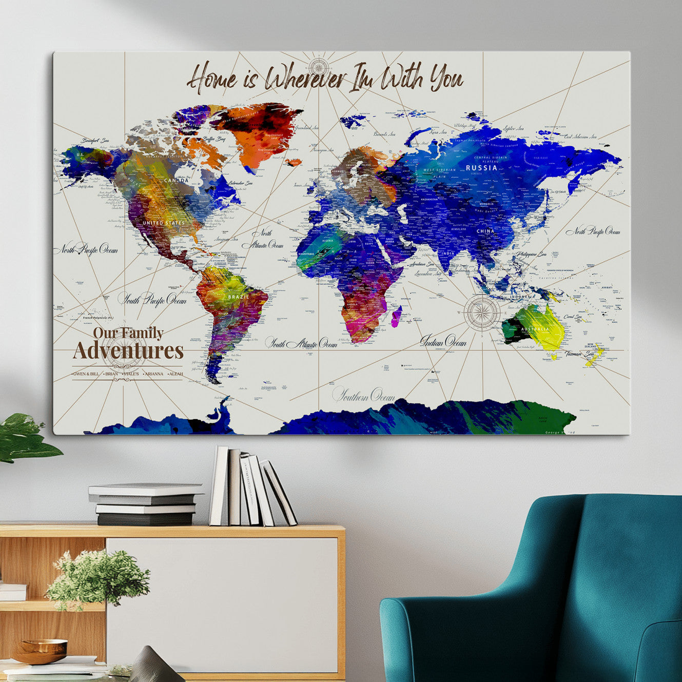 74686301-MGV-CV-36X24 - Customized Push Pin World Map Wall Art Canvas Print with Pins, Personalized Travel Tracker Map, Framed World Map for Living Room, Office and Home Decor