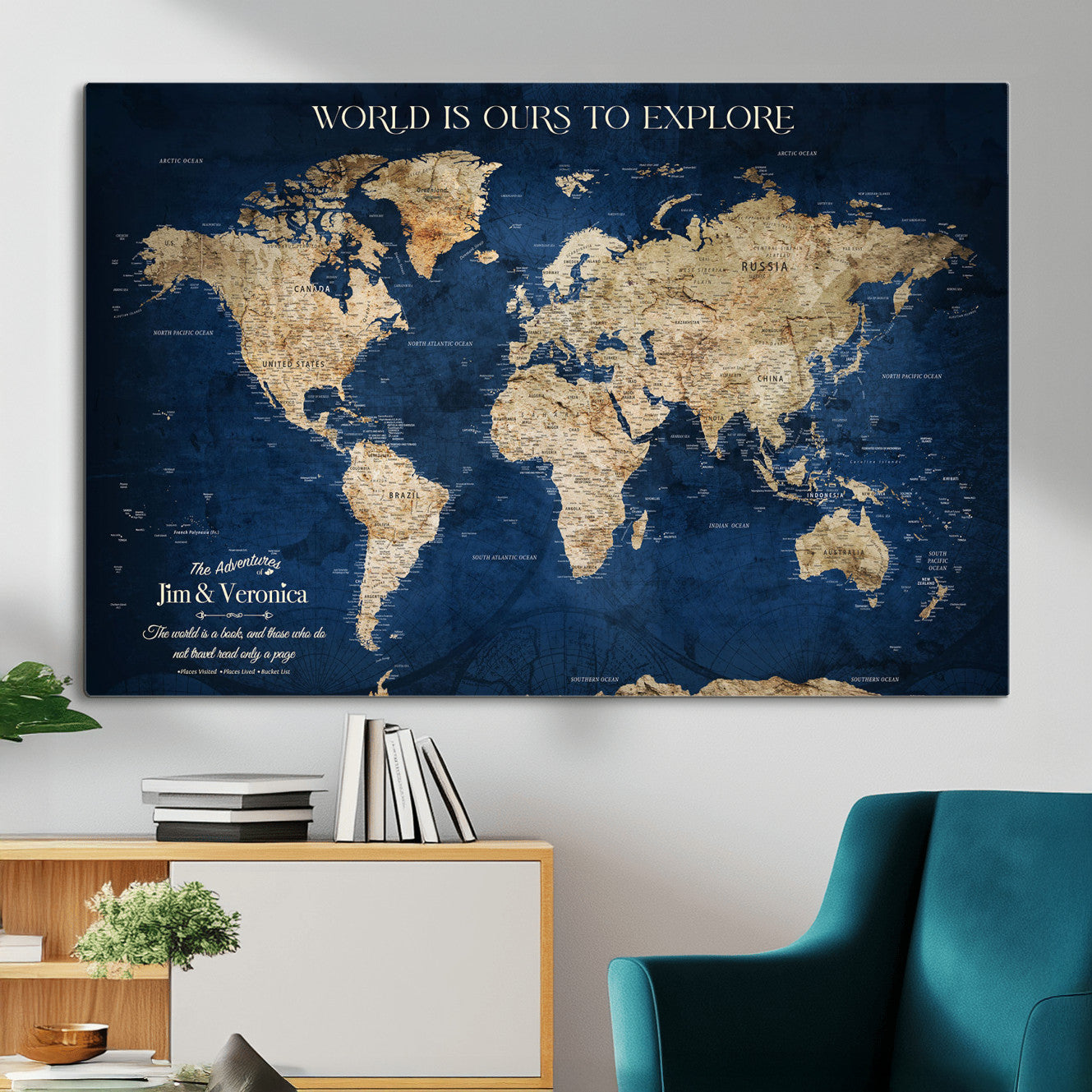 33364828-MGV-CV-36X24 - Personalized World Map Wall Art – Custom Framed Push Pin Travel Tracker Canvas Print Unique Gift for Home, Office