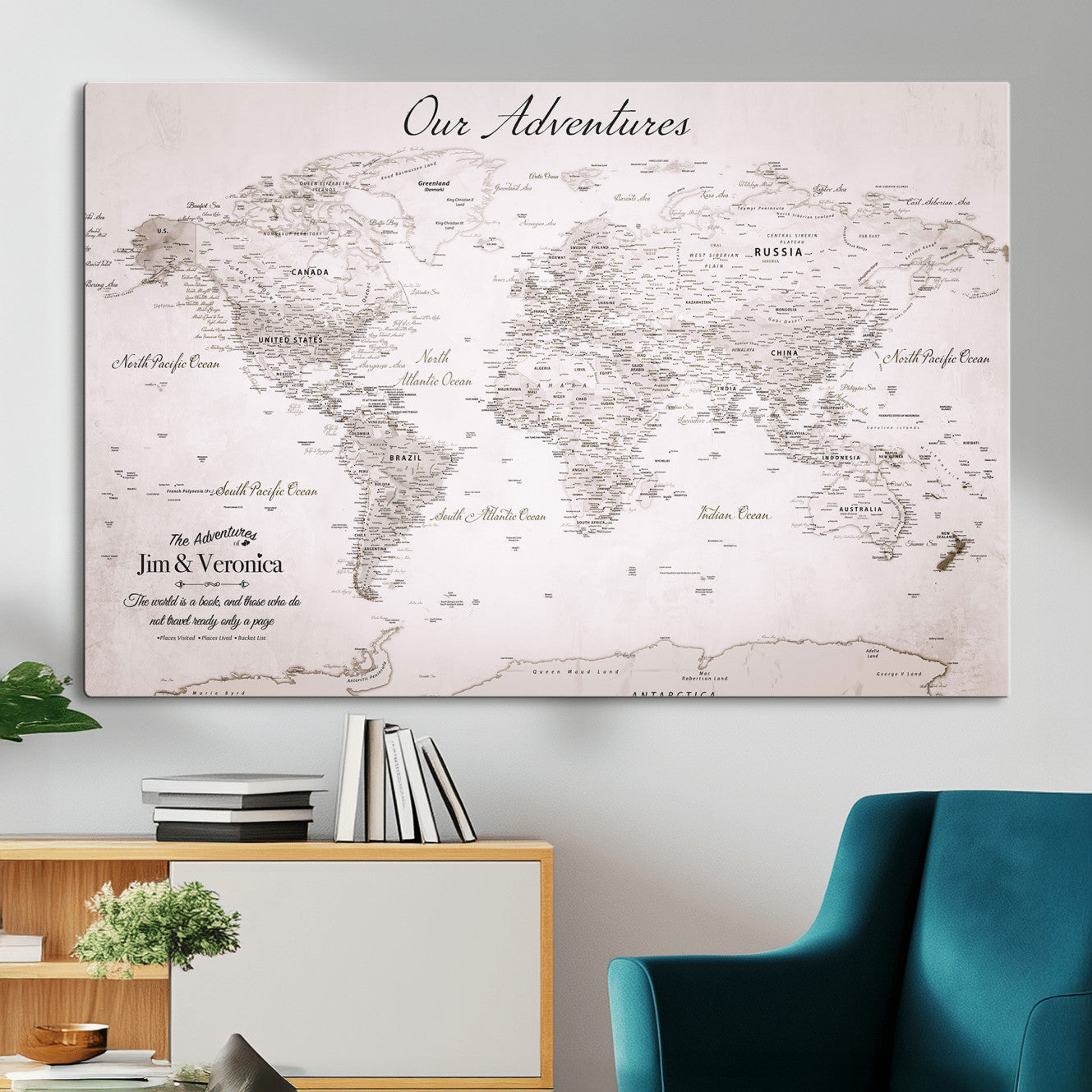 55881143-MGV-CV-36X24 - Personalized Push Pin World Map Wall Art Canvas Print with Pins – Customize Travel Tracker Map for Home and Office Décor