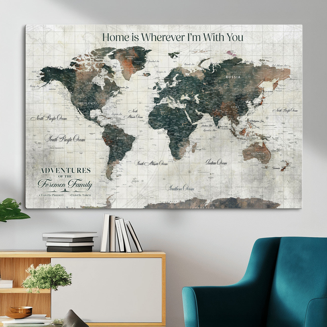 81931818-MGV-CV-36X24 - Personalized Push Pin World Map Wall Art Canvas Print with Pins – Customize Travel Tracker Map for Home and Office Décor