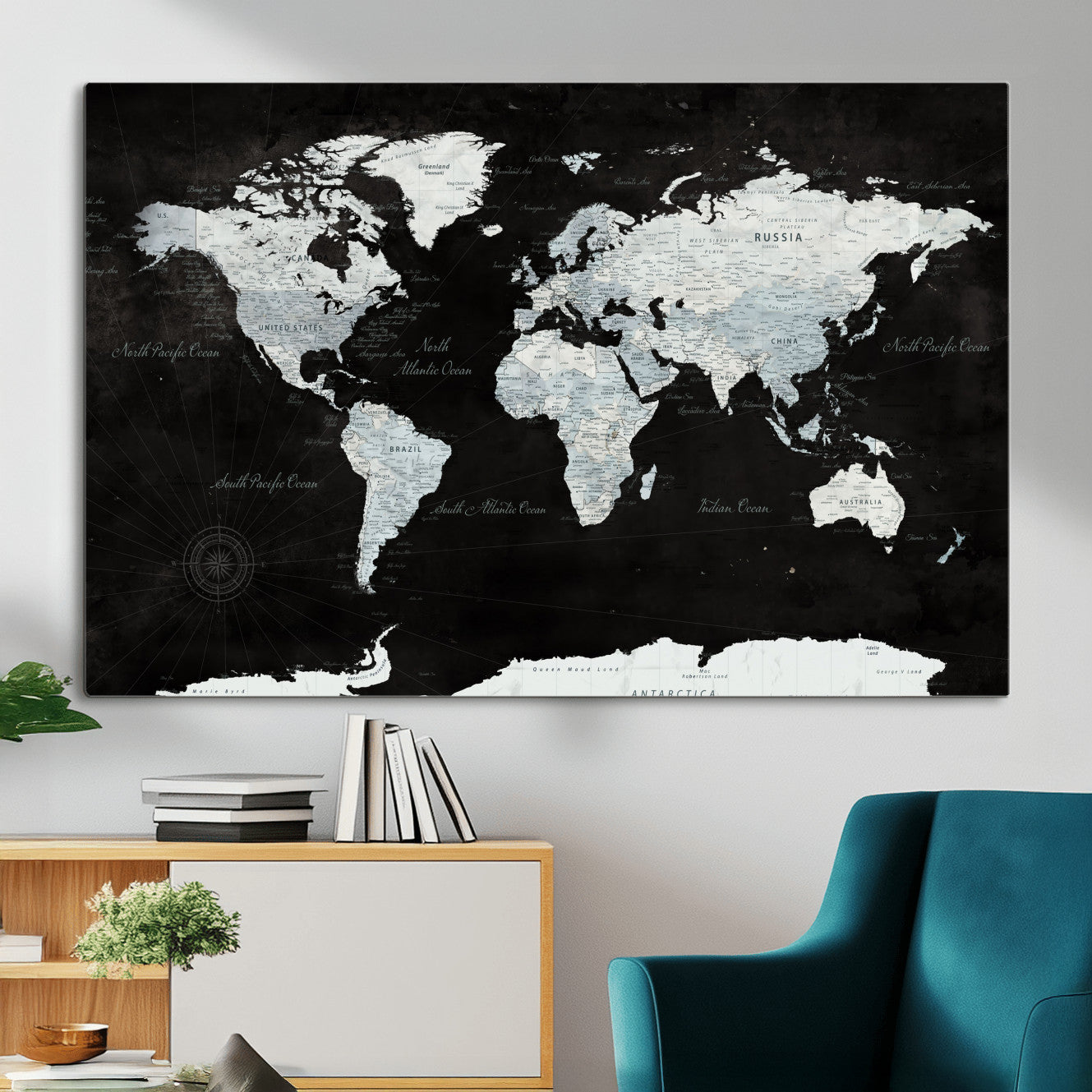 30759283-MGV-CV-36X24 - World Map Wall Art Canvas Print, Modern Decorative Framed Map Artwork Prints for Living Room, Office, Bedroom Wall Decor