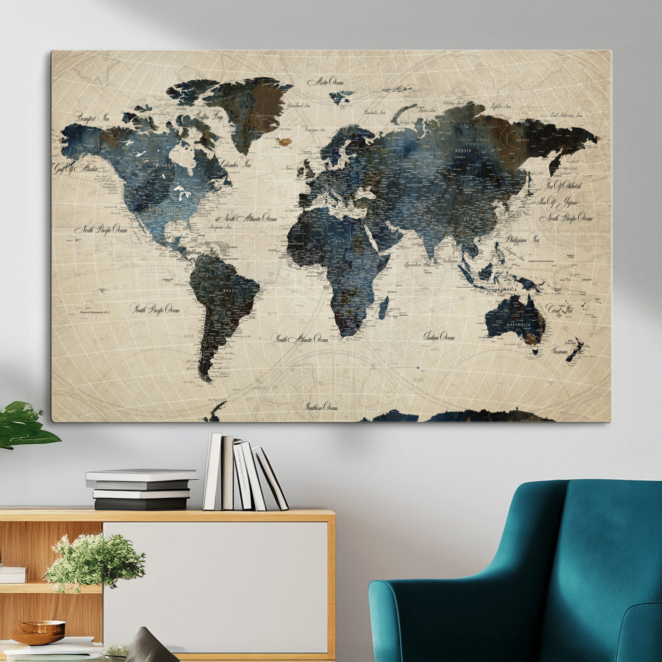 33438443-MGV-CV-36X24 - World Map Wall Art Canvas Print, Modern Decorative Framed Map Artwork Prints for Living Room, Office, Bedroom Wall Decor