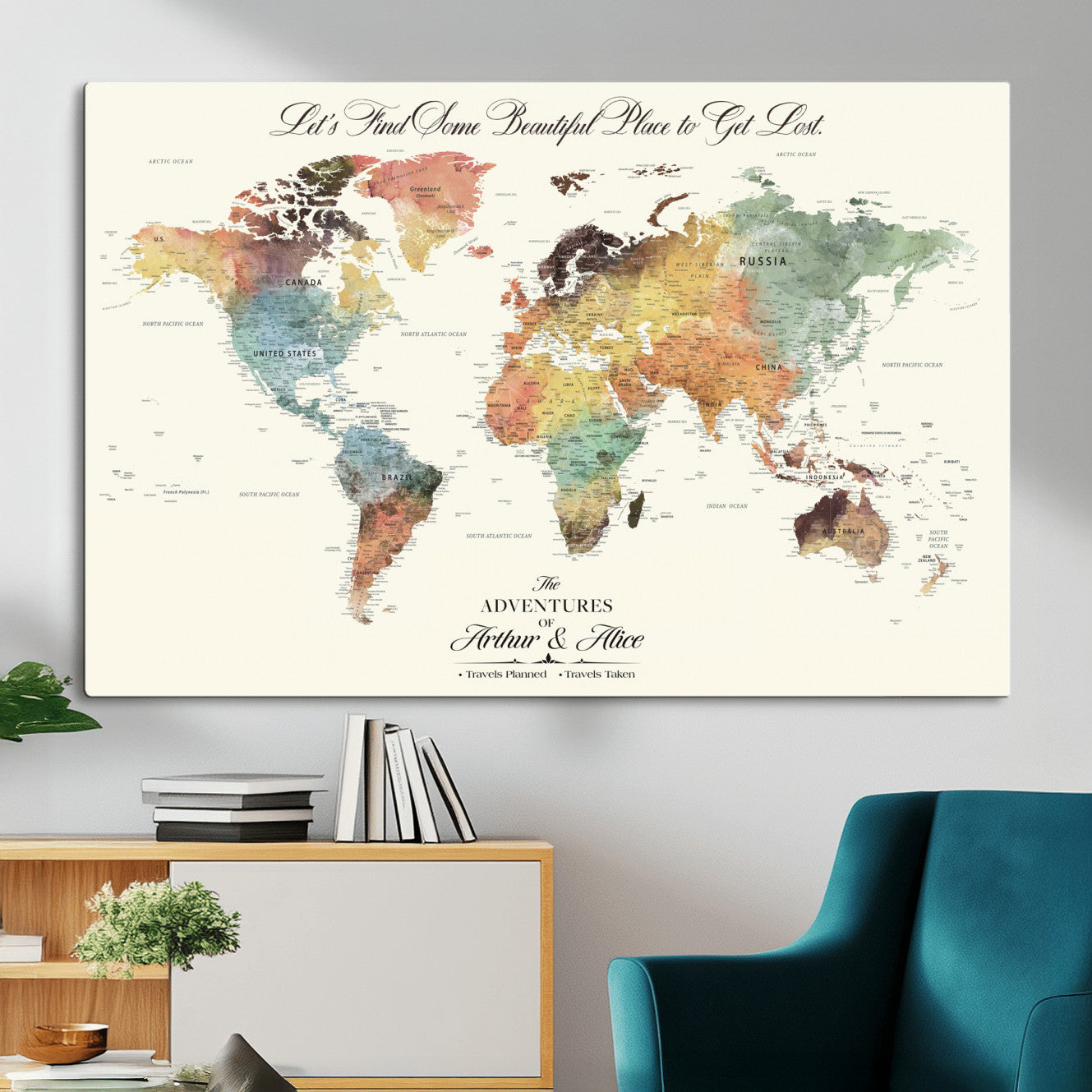67119830-MGV-CV-36X24 - Customized Push Pin World Map Wall Art Canvas Print with Pins, Framed Personalize Travel Tracker Map, World Map for Living Room and Office Decor