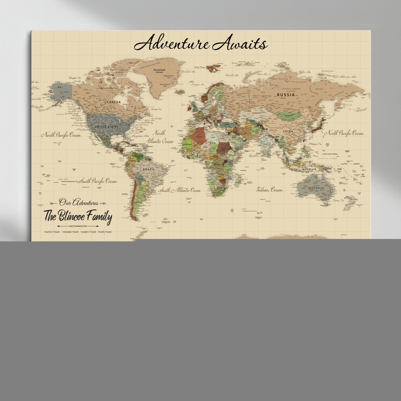 63407426-MGV-CV-36X24 - Customized Push Pin World Map Wall Art Canvas Print with Pins, Framed Personalize Travel Tracker Map, World Map for Living Room and Office Decor