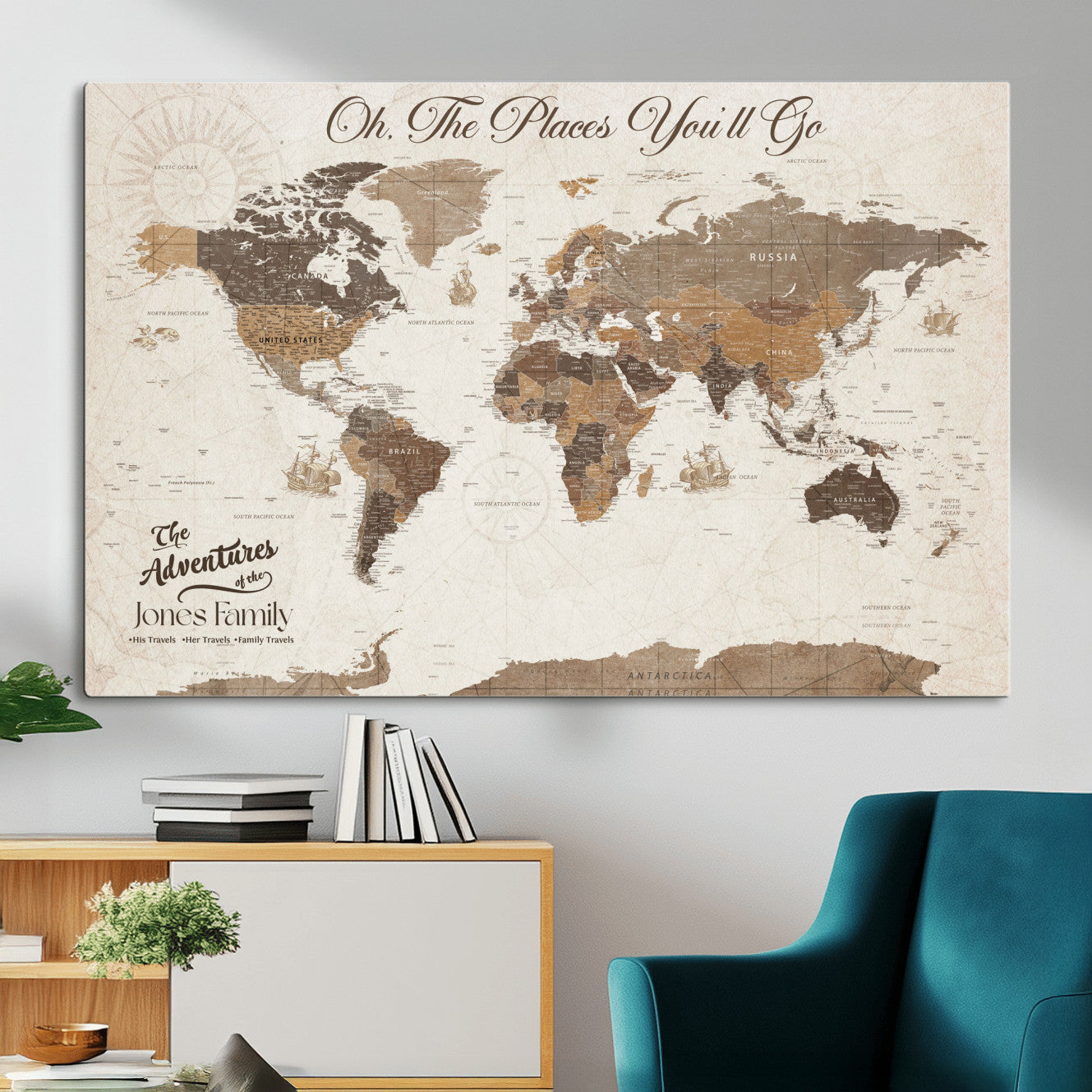 97885954-MGV-CV-36X24 - Customized Push Pin World Map Wall Art Canvas Print with Pins, Framed Personalize Travel Tracker Map, World Map for Living Room and Office Decor