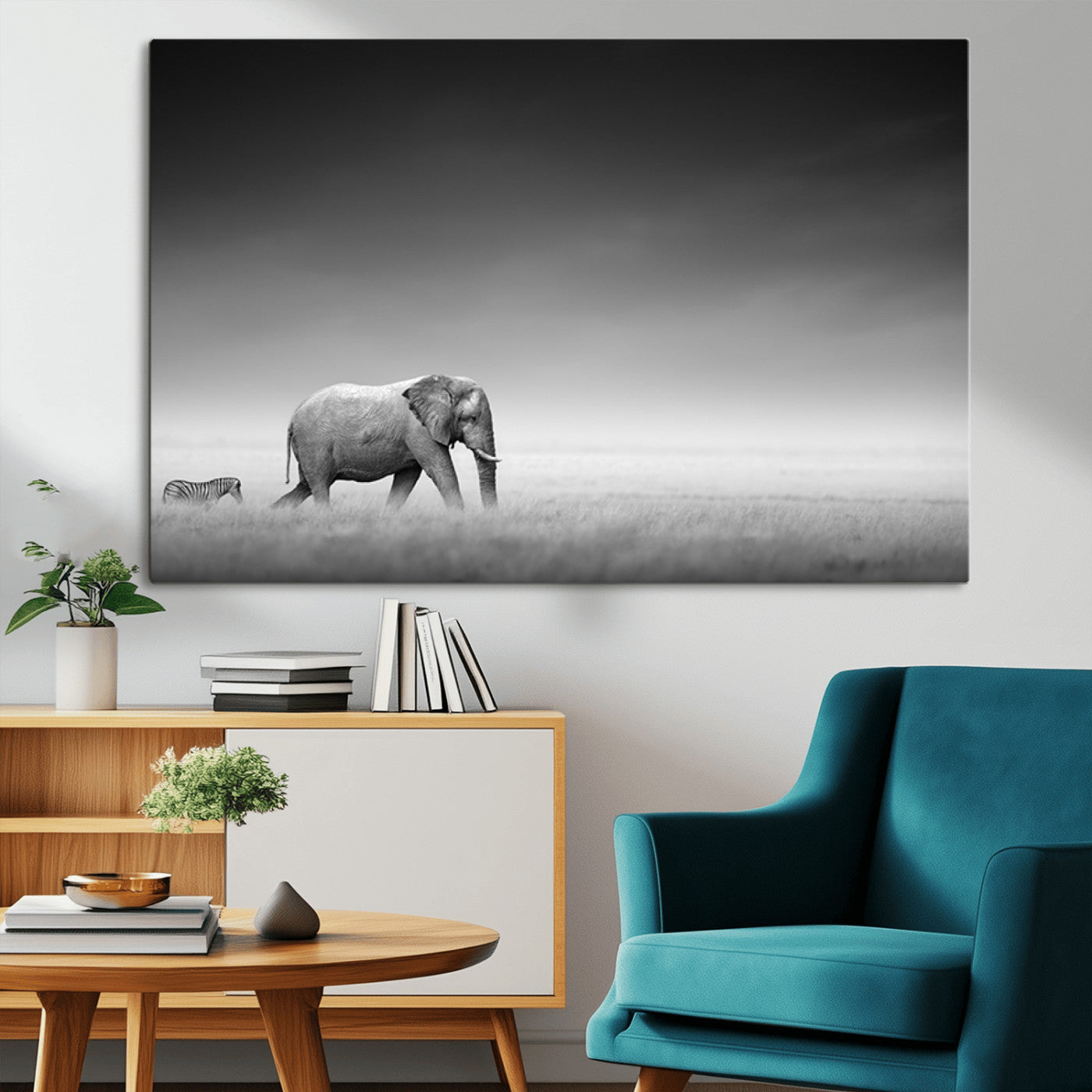 -Elephand and Zebra Wall Art Canvas Print, Modern Artwork