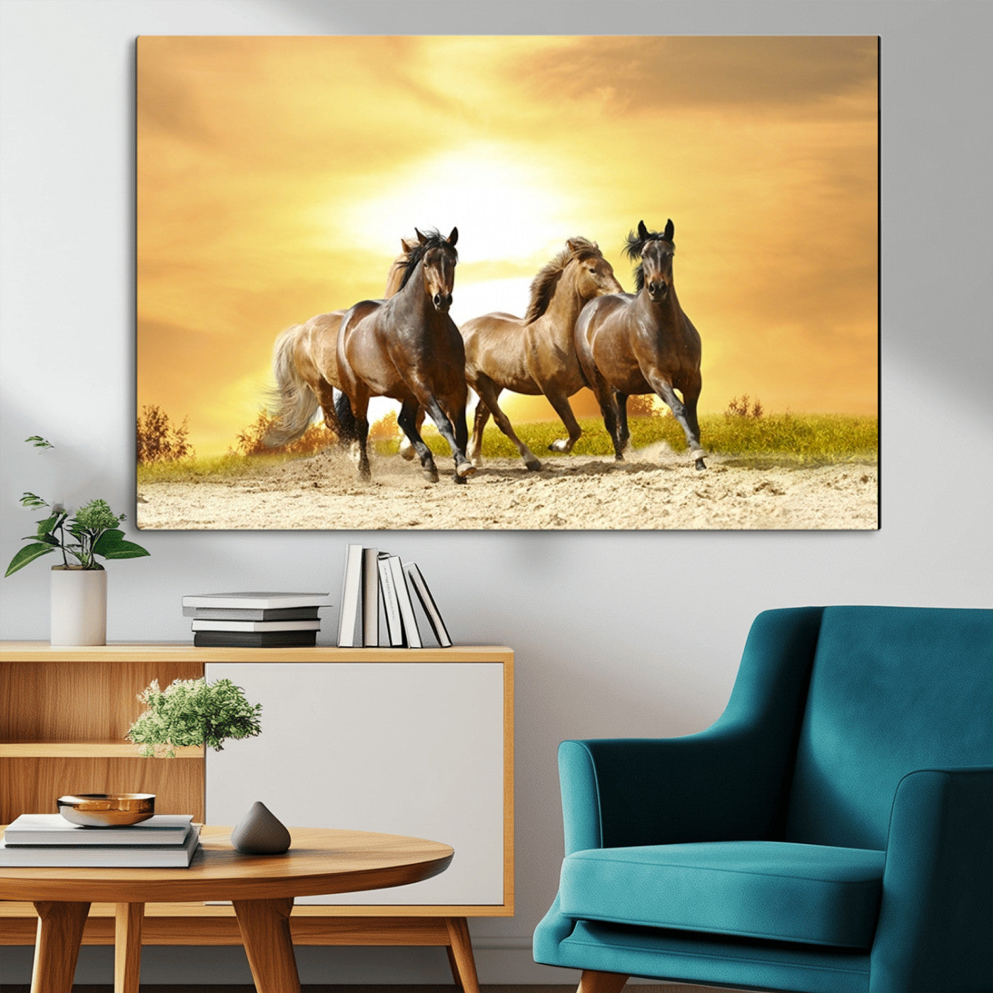 -Wild Horses Wall Art Canvas Print – Framed Galloping Herd Animal Artwork for Home, Office, Living Room, Guest Room
