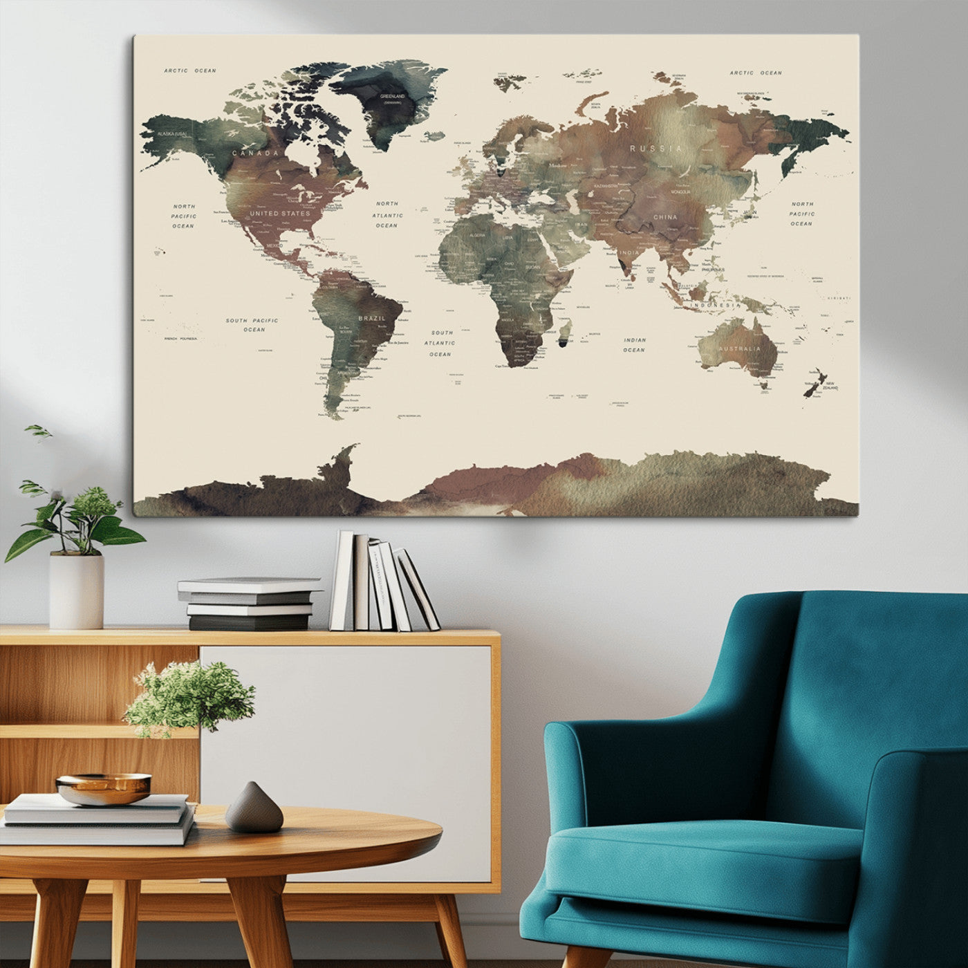 -Neutral Watercolor World Map Canvas Wall Art – Framed Earth Tone Map Print, Minimalist Travel Artwork for Modern Home and Office Decor