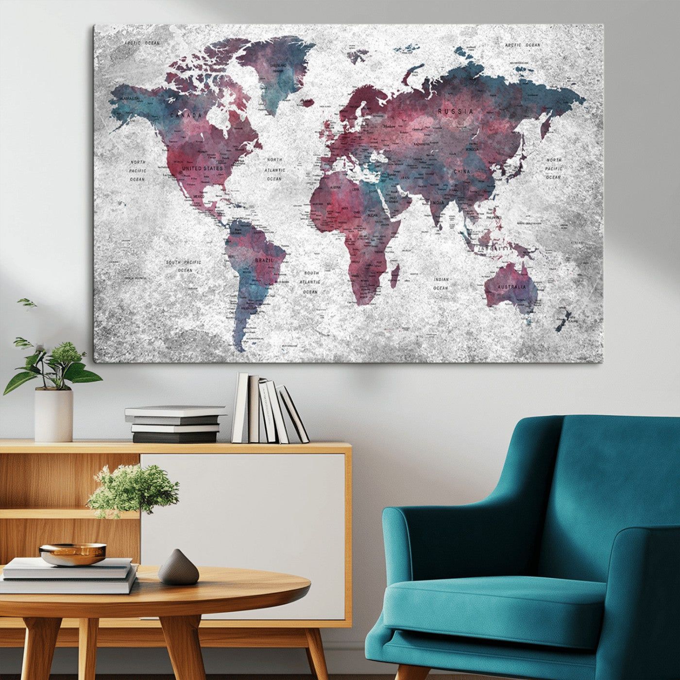 -Modern Red and Gray World Map Canvas Print – Framed Push Pin Wall Art for Couples, Contemporary Travel Map Artwork for Home and Office Decor