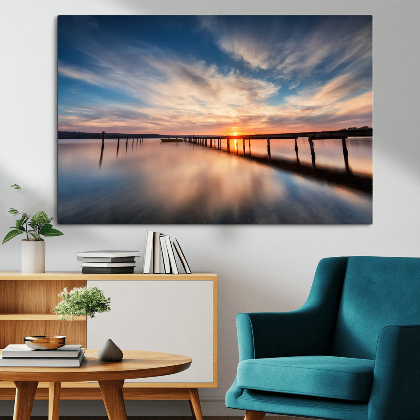 39967-MGV-CV-36X24-Wooden Pier on Seascape and Sunset Wall Art Canvas Print