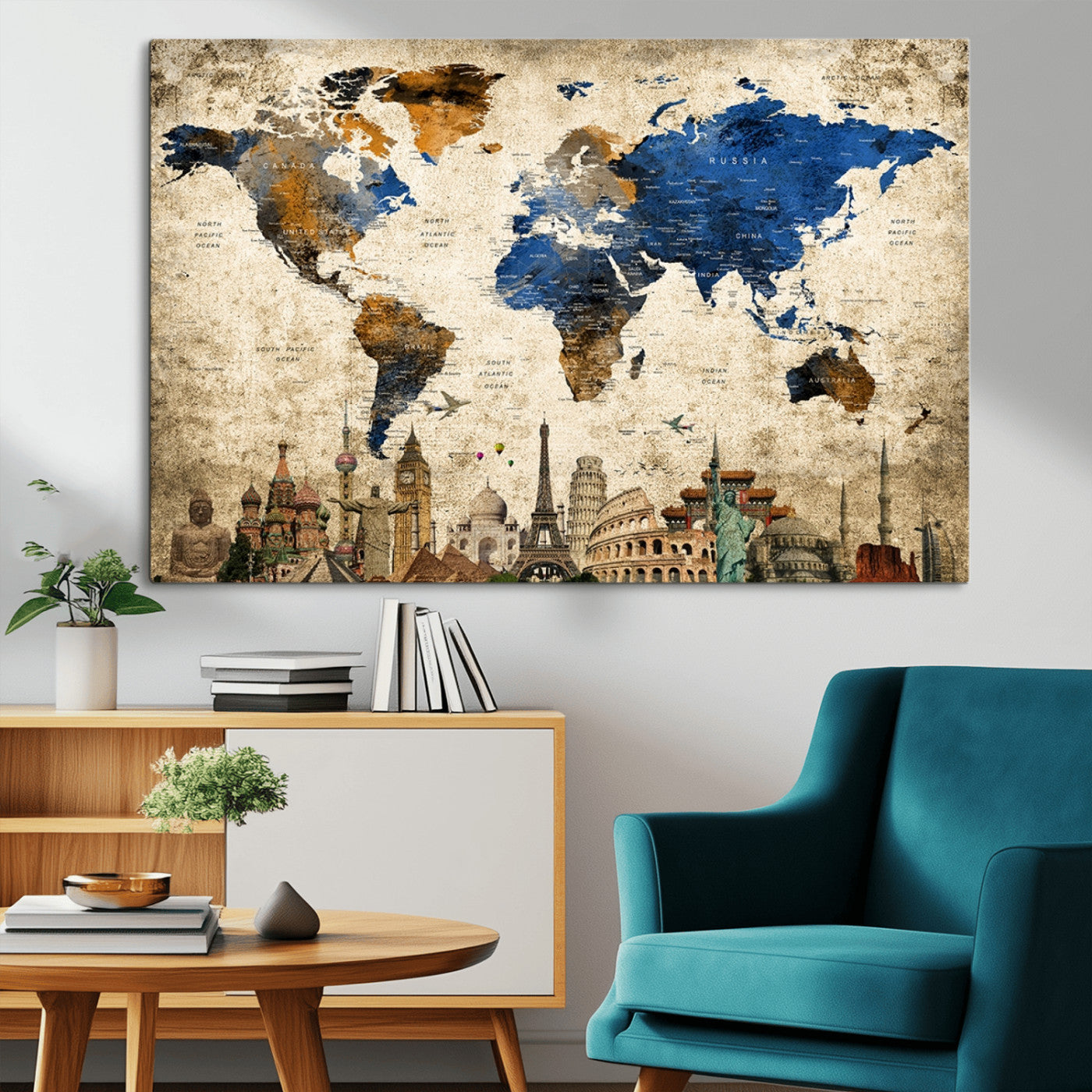 20261-MGV-CV-36X24-World Map Canvas Print – Vintage Blue and Gold World Map Wall Art, Framed Travel Inspired Decor for Living Room or Office